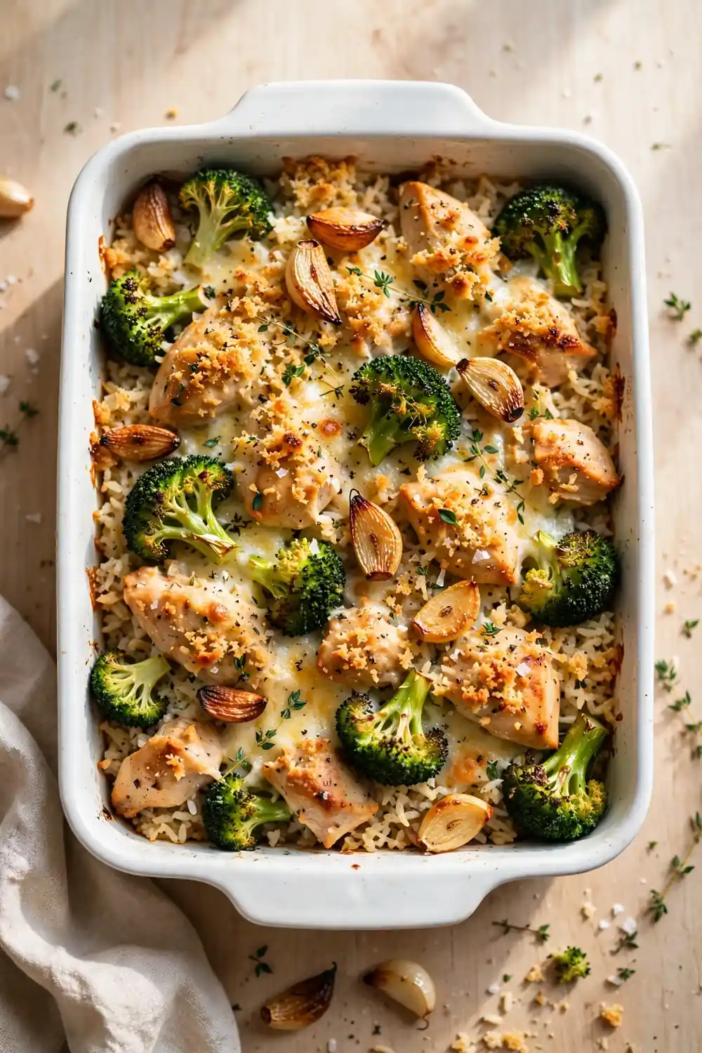Roasted garlic chicken, broccoli, and rice casserole bake with golden garlic