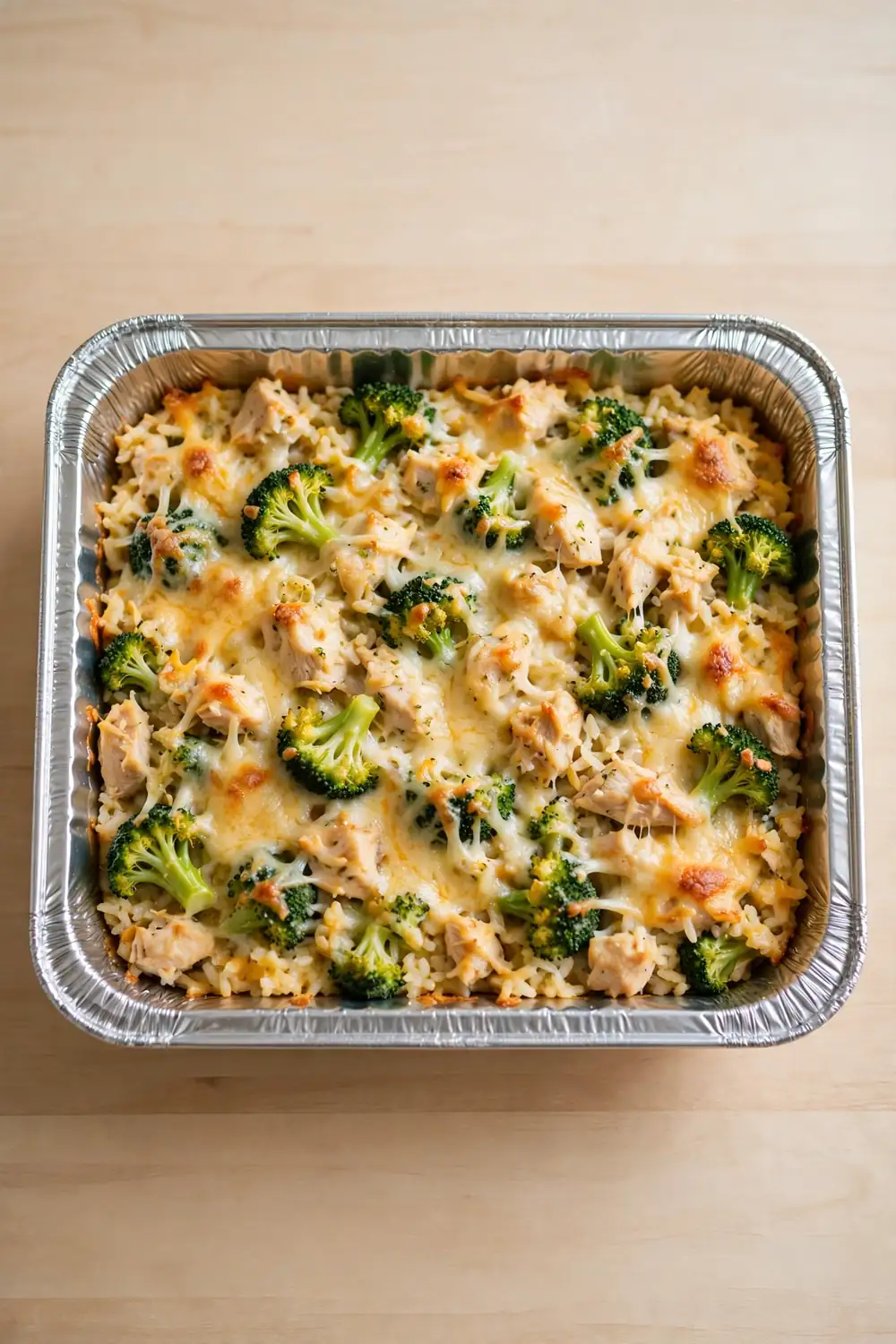 Freezer friendly chicken, broccoli, and rice casserole bake in foil pans