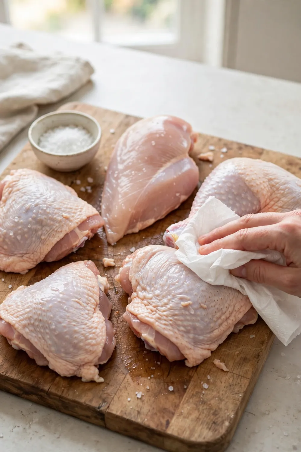 Raw chicken pieces patted dry with paper towels on a board