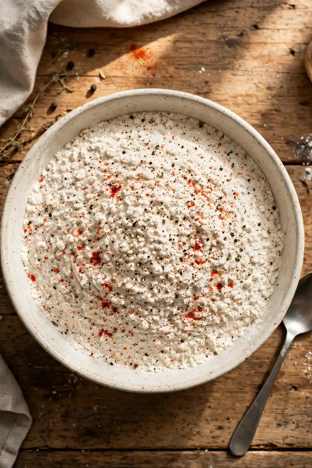 Bowl of seasoned flour with salt pepper and paprika