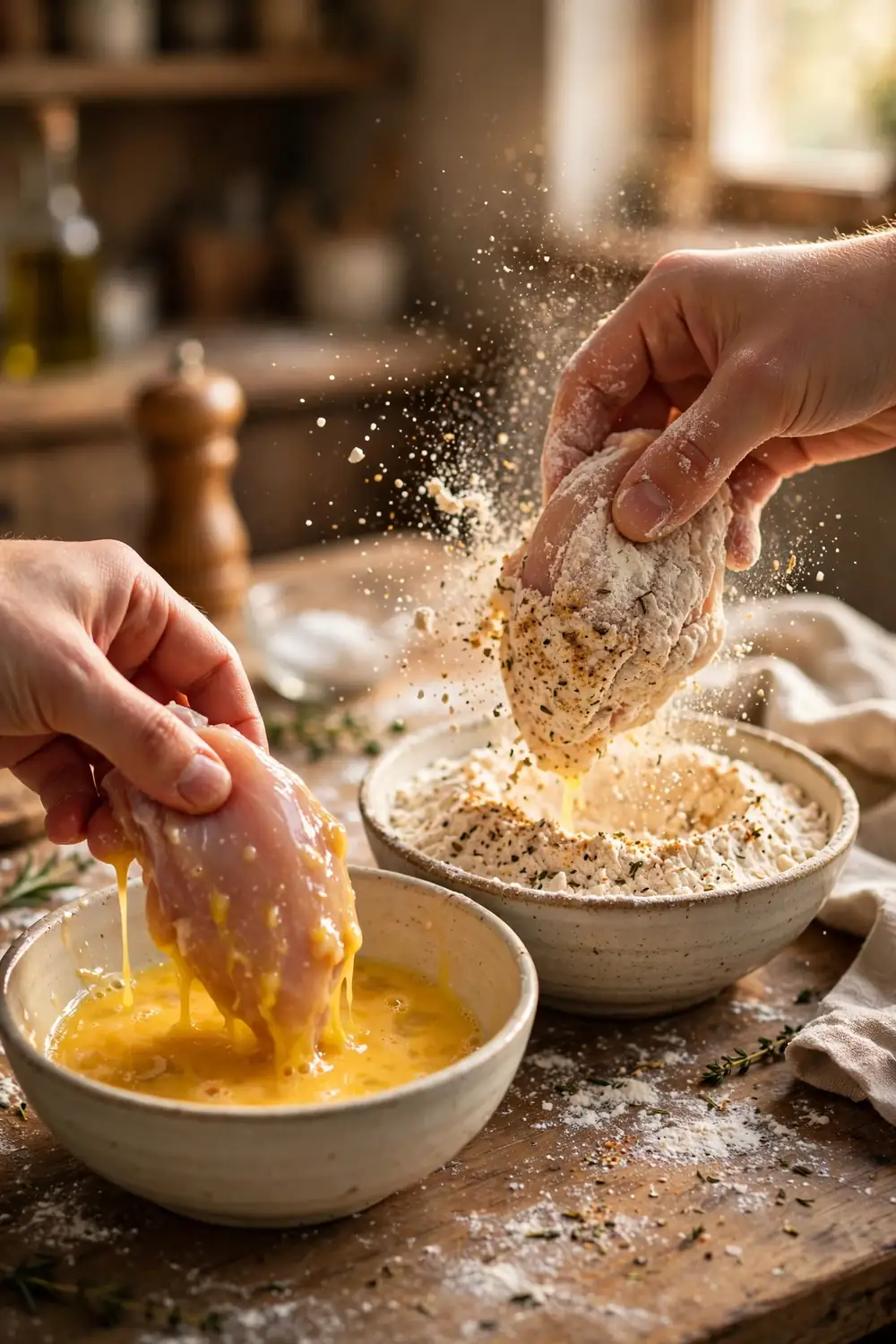 Chicken piece dipped in egg wash then pressed into flour