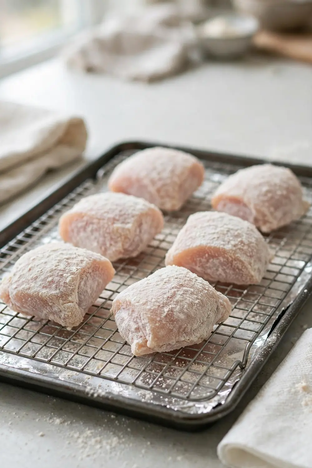 Coated chicken pieces resting on a wire rack