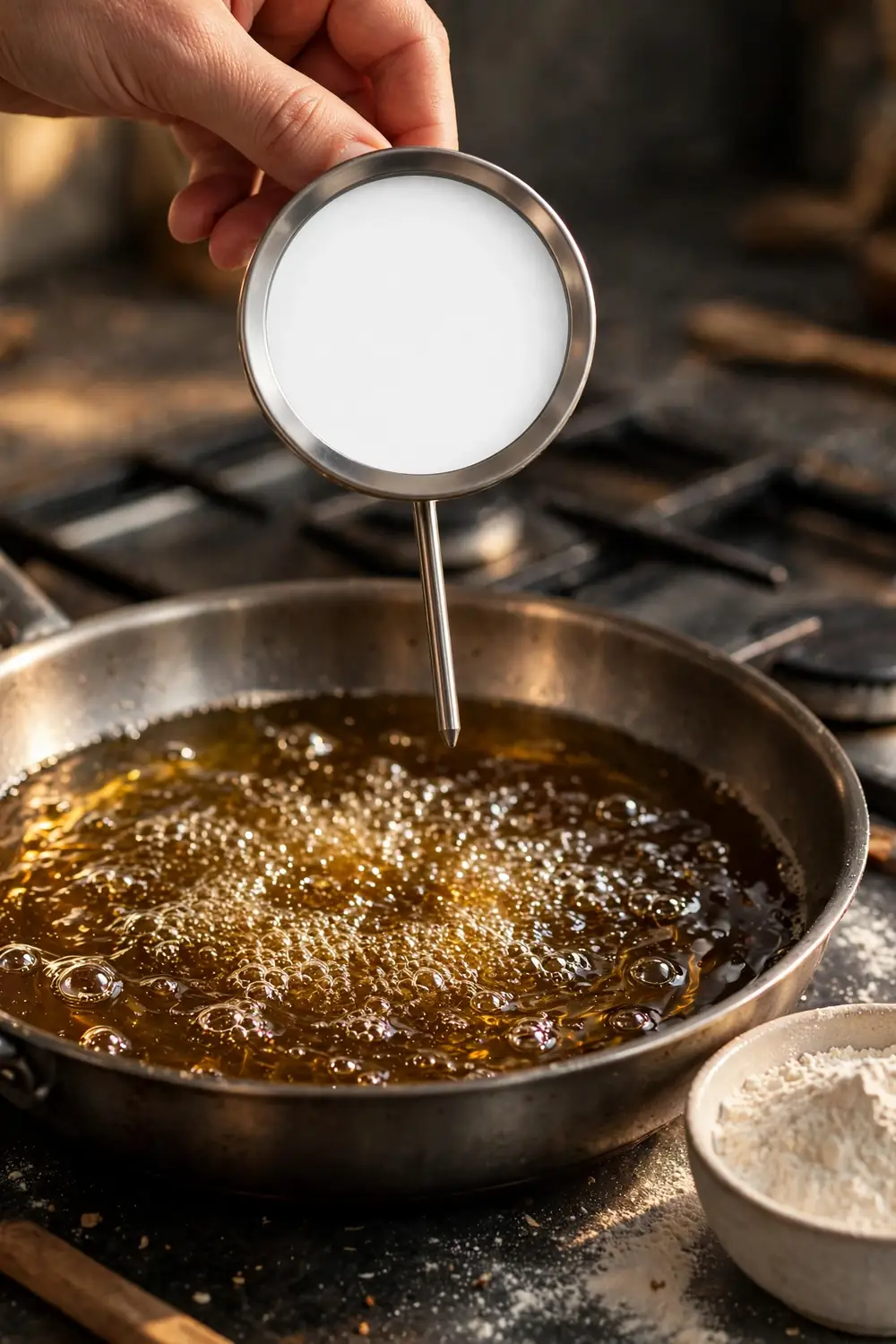 Thermometer checking hot oil in a deep pan
