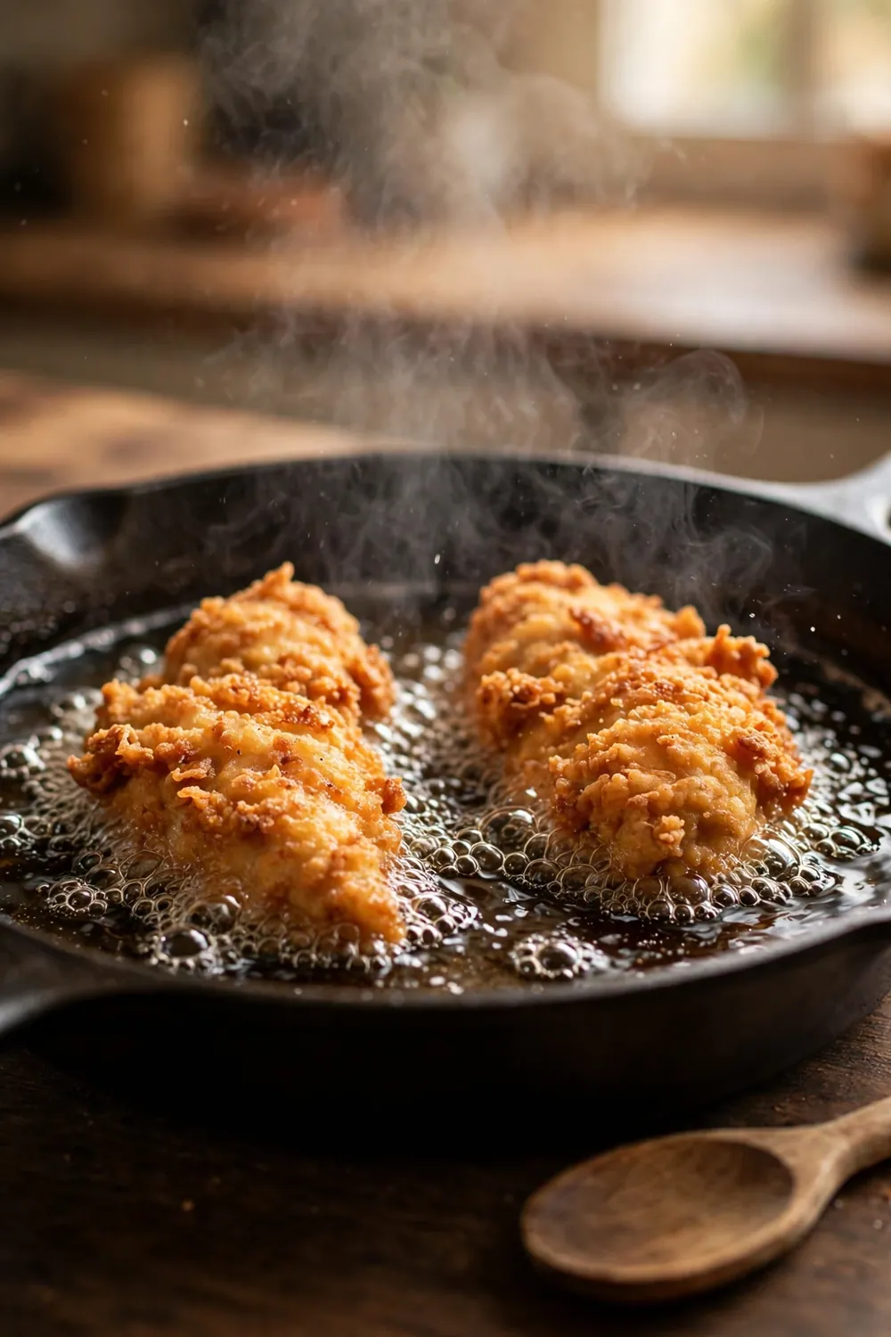 Two chicken pieces frying in hot oil with space between