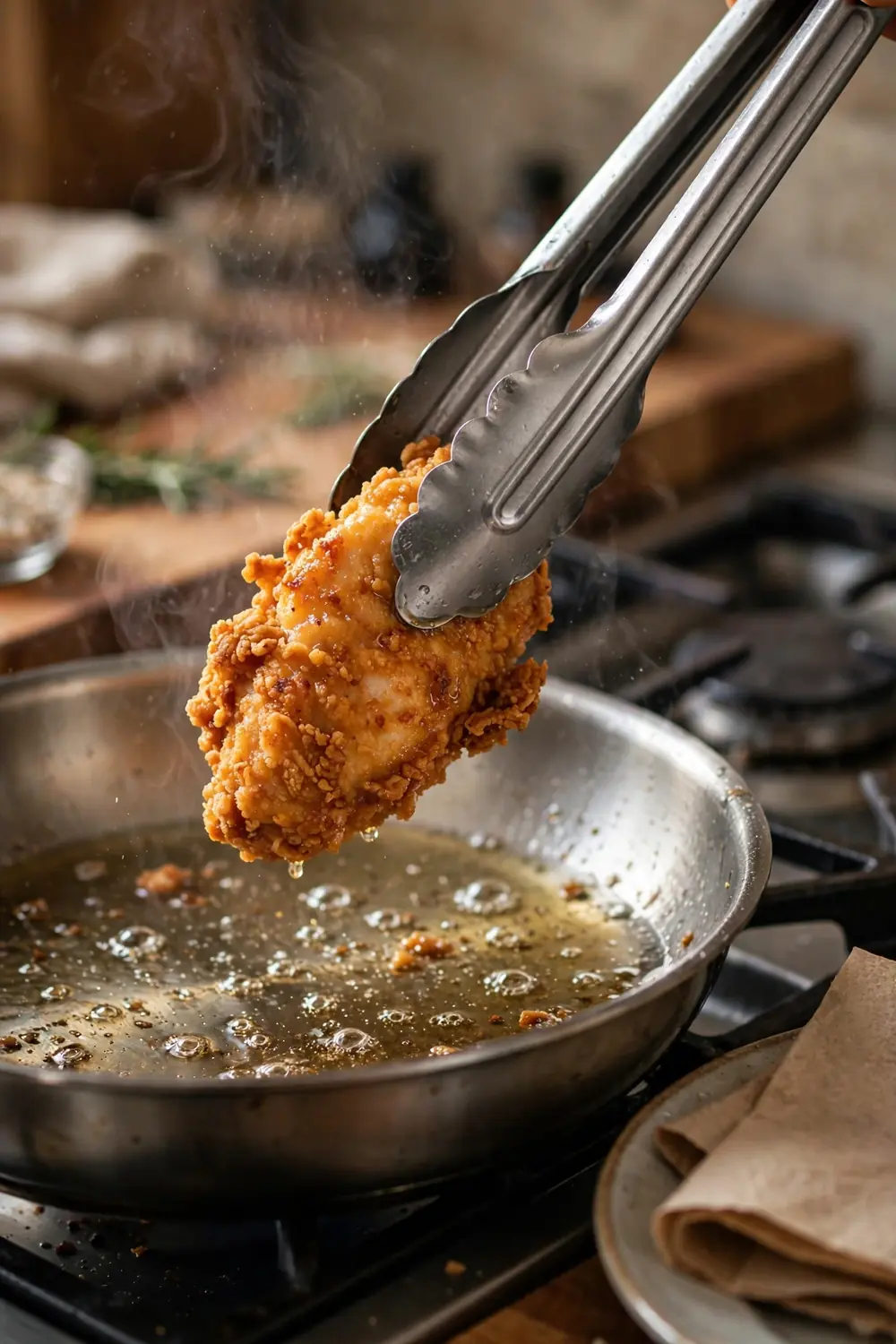 Tongs flipping a golden fried chicken piece once