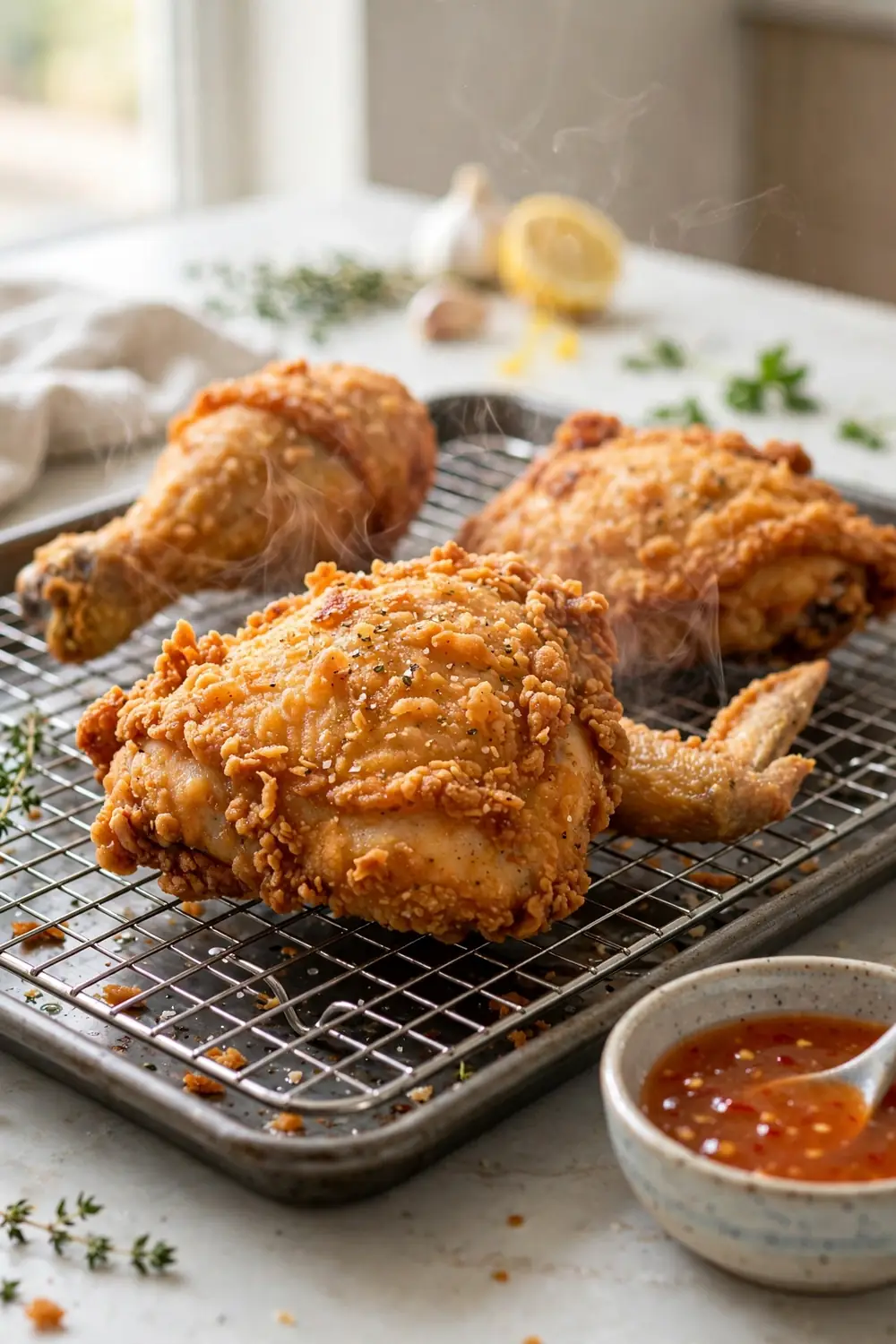 Fried chicken draining on a wire rack over a tray