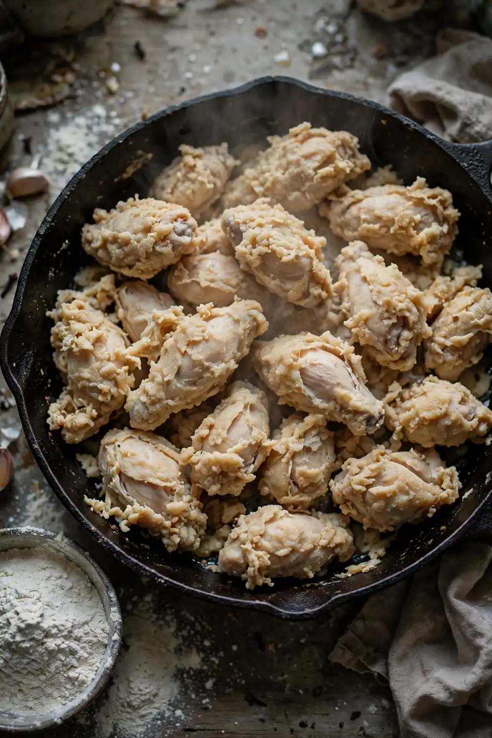 Wet chicken and crowded pan as common frying mistakes
