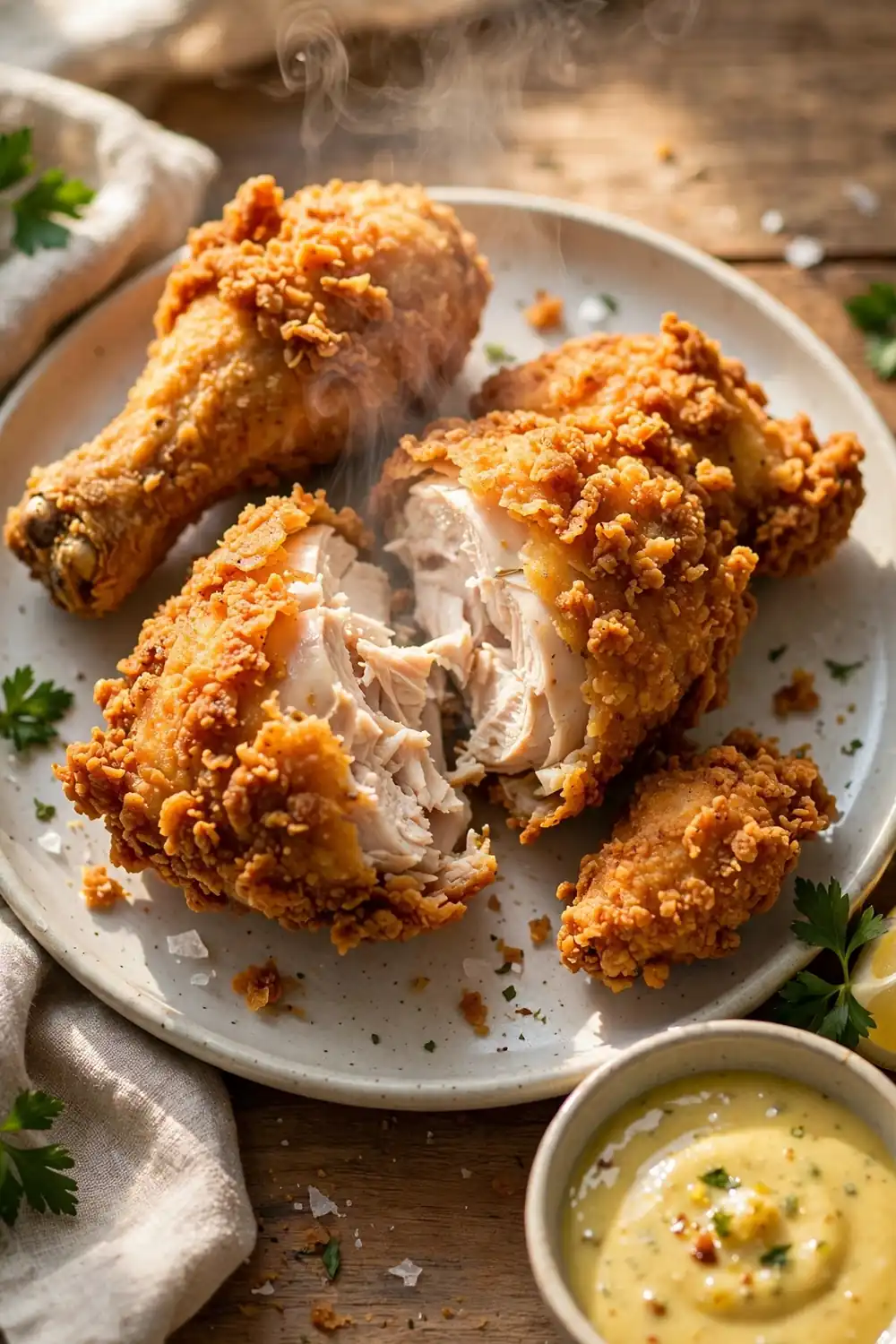 Crisp golden fried chicken with crunchy coating on a plate