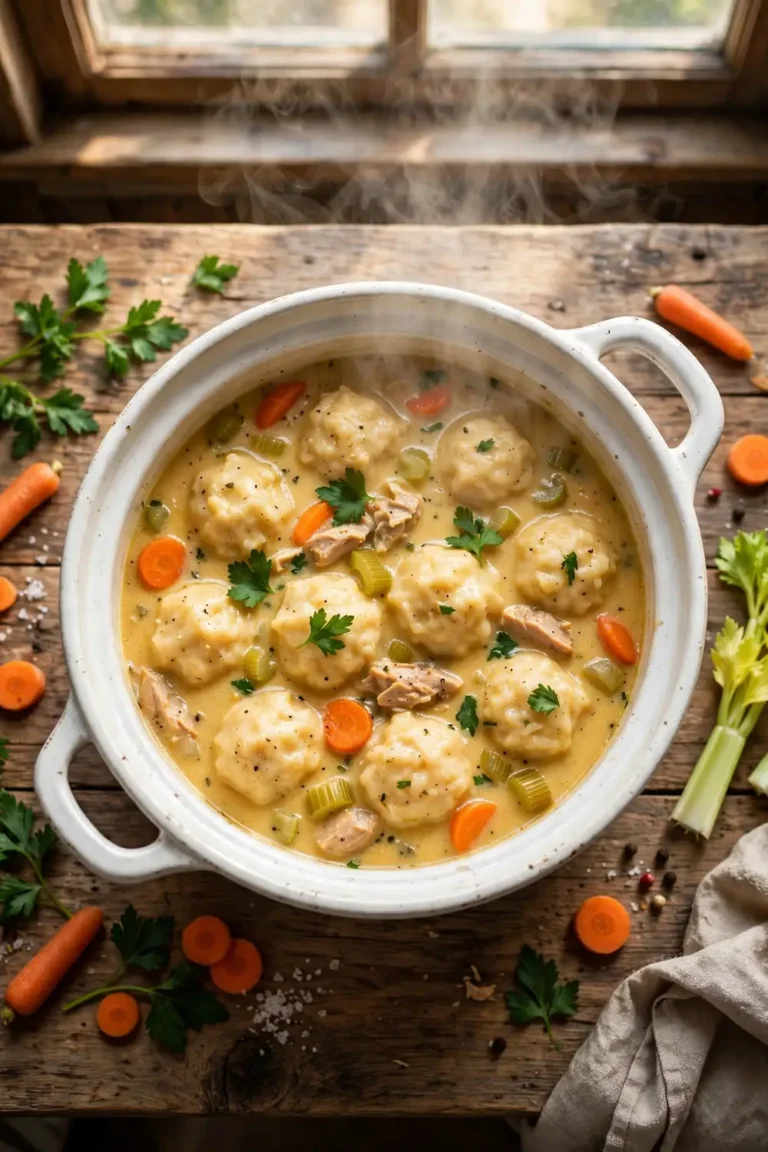 Overhead portrait photo of a white ceramic pot filled with golden chicken dumpling stew, soft drop dumplings centered with balanced space around the pot, creamy broth, fresh parsley, carrots, celery, warm natural window light, rustic wooden table, steam rising, cozy homemade comfort food photography