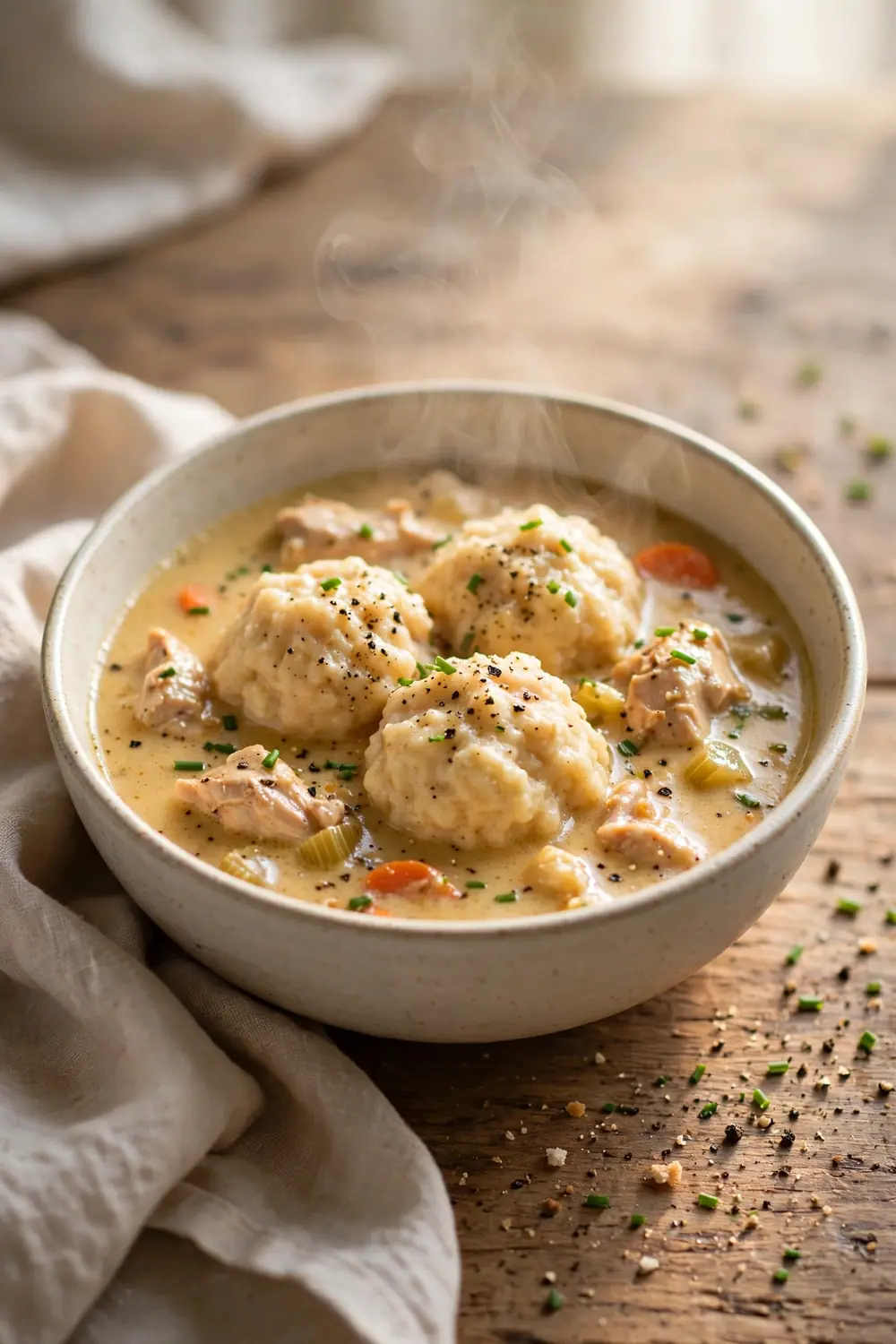Portrait food photo of a deep bowl of creamy chicken dumpling stew with fluffy buttermilk dumplings centered, balanced space around the bowl, golden broth, chives, cracked pepper, warm soft daylight, linen napkin, rustic table, gentle steam, cozy homemade comfort food photography