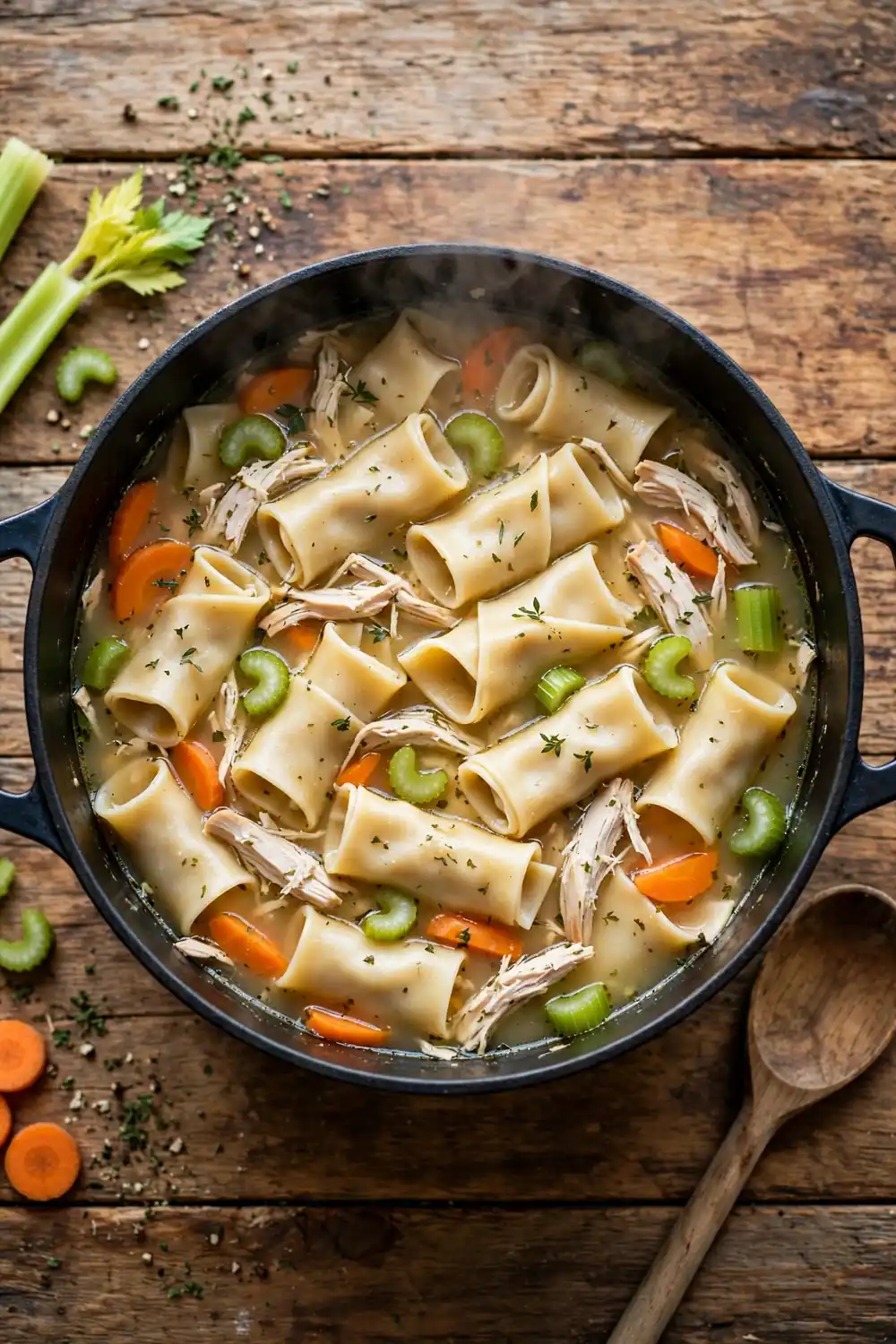 Portrait overhead photo of a large pot of silky chicken dumpling soup with flat rolled dumpling strips centered, balanced space around the pot, tender chicken shreds, carrots, celery, soft natural light, wooden spoon resting nearby, rustic kitchen table, light steam, hearty homemade comfort food photography