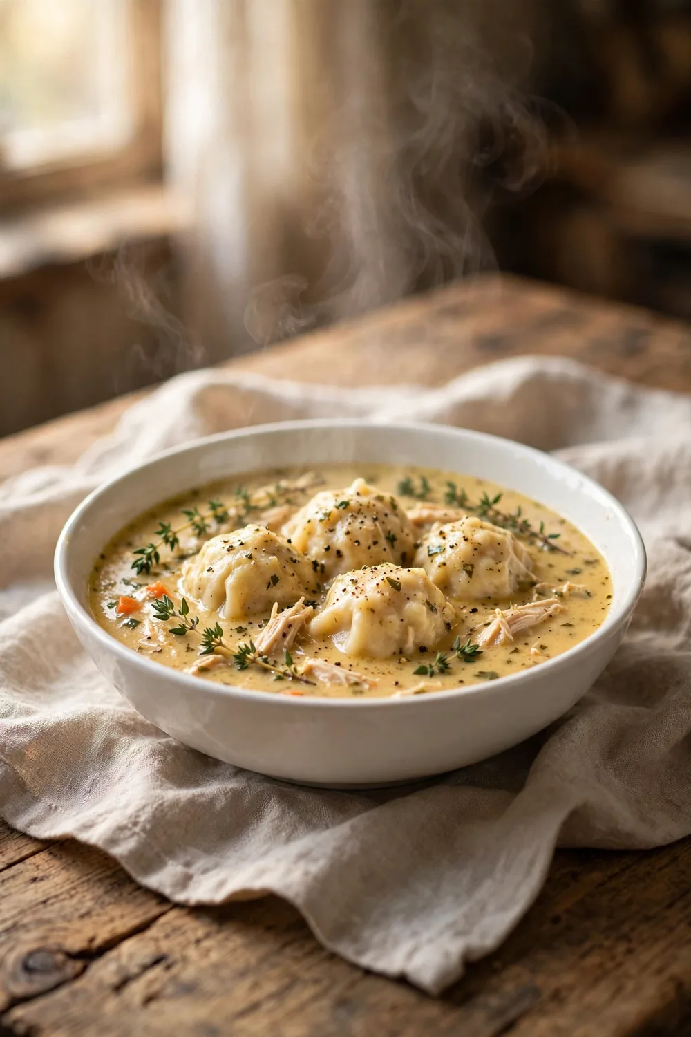 Portrait food photo of a white bowl of creamy herb chicken dumpling stew, soft dumplings centered with balanced space around the bowl, thyme sprigs, cracked pepper, golden creamy broth, warm window light, linen cloth, rustic wooden table, gentle steam, cozy homemade comfort food photography