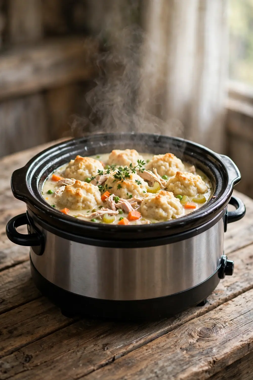 Portrait photo of a slow cooker crock filled with rich chicken dumpling stew, fluffy dumplings centered with balanced space around the crock, tender chicken, peas, carrots, warm kitchen light, wooden counter, ladle nearby, soft steam, cozy homemade comfort food photography