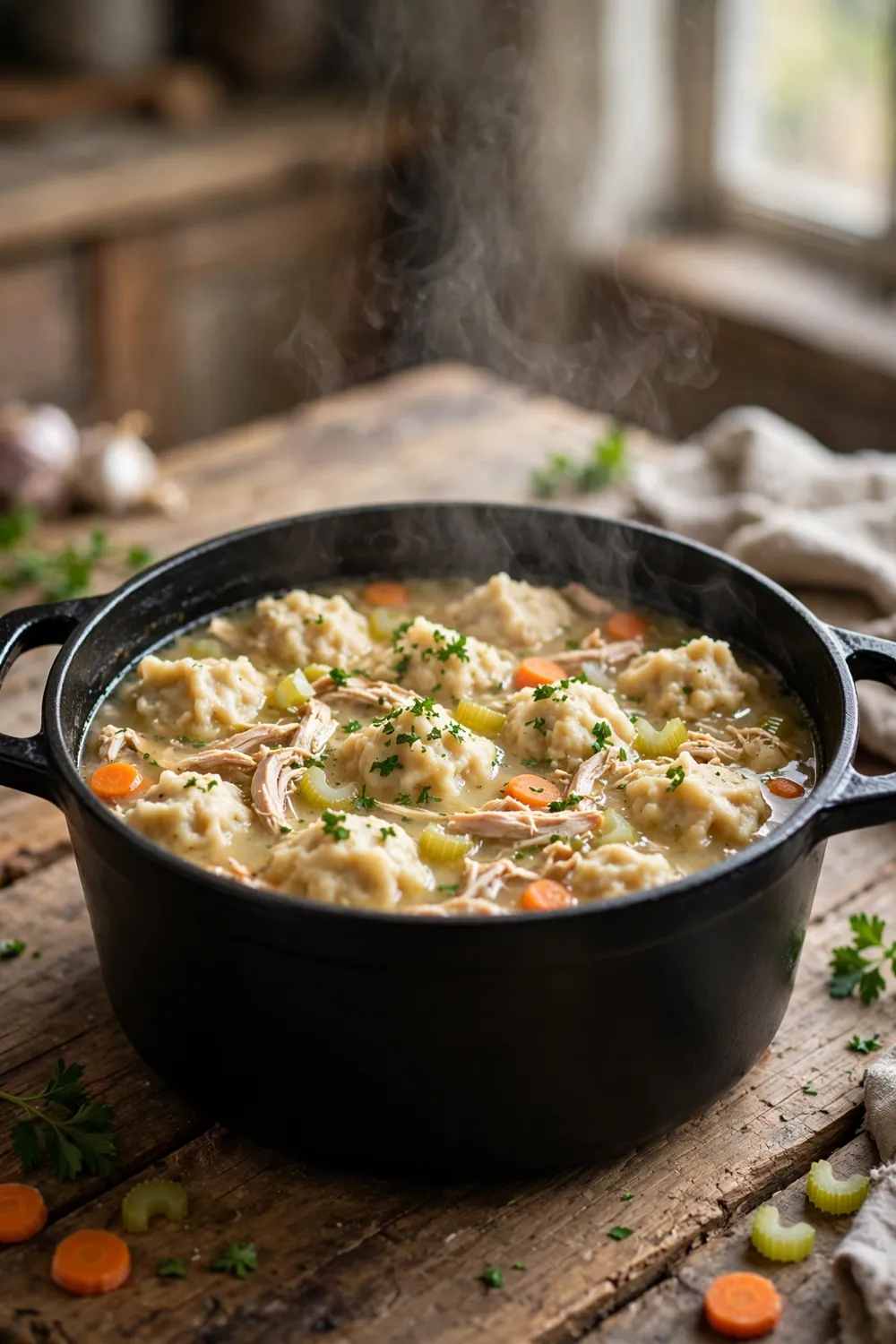 Portrait food photo of a black Dutch oven with quick chicken dumpling stew, drop dumplings centered with balanced space around the pot, golden broth, carrots, celery, parsley, warm evening kitchen light, wooden table, gentle steam, cozy homemade weeknight comfort food photography