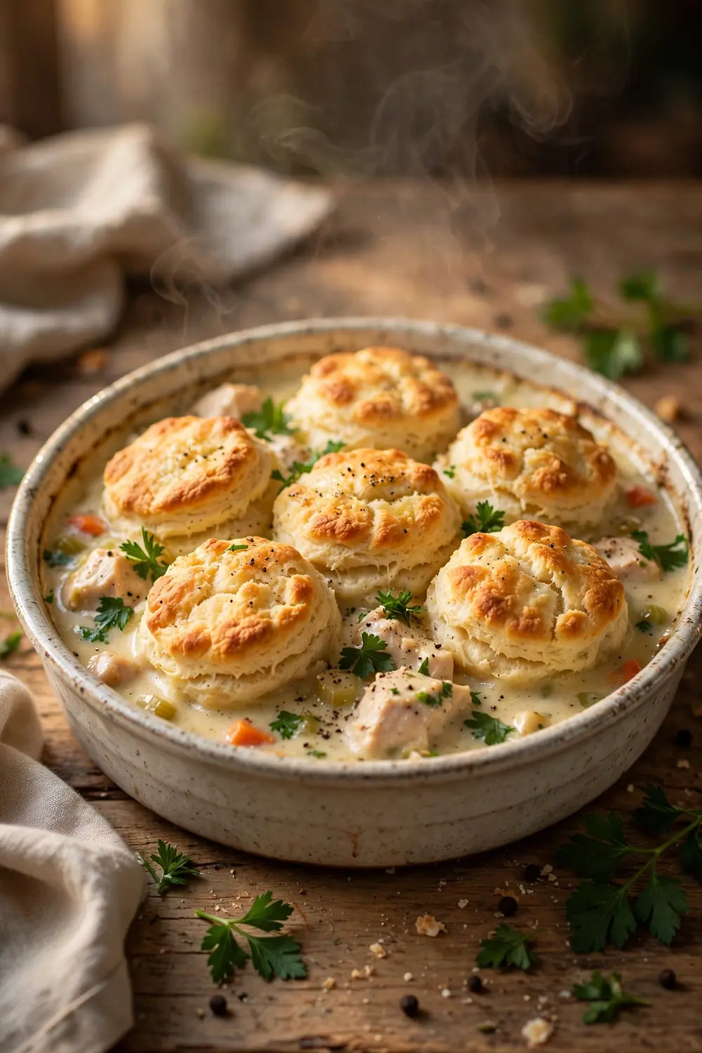 Portrait photo of a baking dish of chicken dumpling stew topped with golden biscuit dumplings centered, balanced space around the dish, flaky biscuit tops, creamy broth, parsley, warm oven light, rustic table, gentle steam, cozy homemade comfort food photography with fresh herbs and cracked pepper