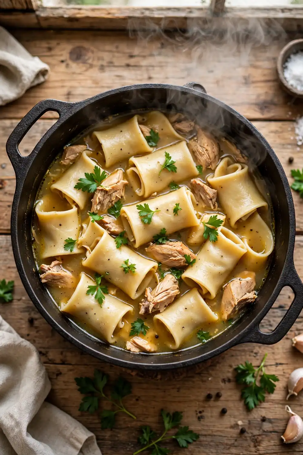 Portrait overhead photo of a cast iron pot of old fashioned chicken dumpling stew, wide rolled dumpling strips centered with balanced space around the pot, rich golden broth, tender chicken, parsley, soft natural light, rustic table, gentle steam, hearty homemade comfort food photography
