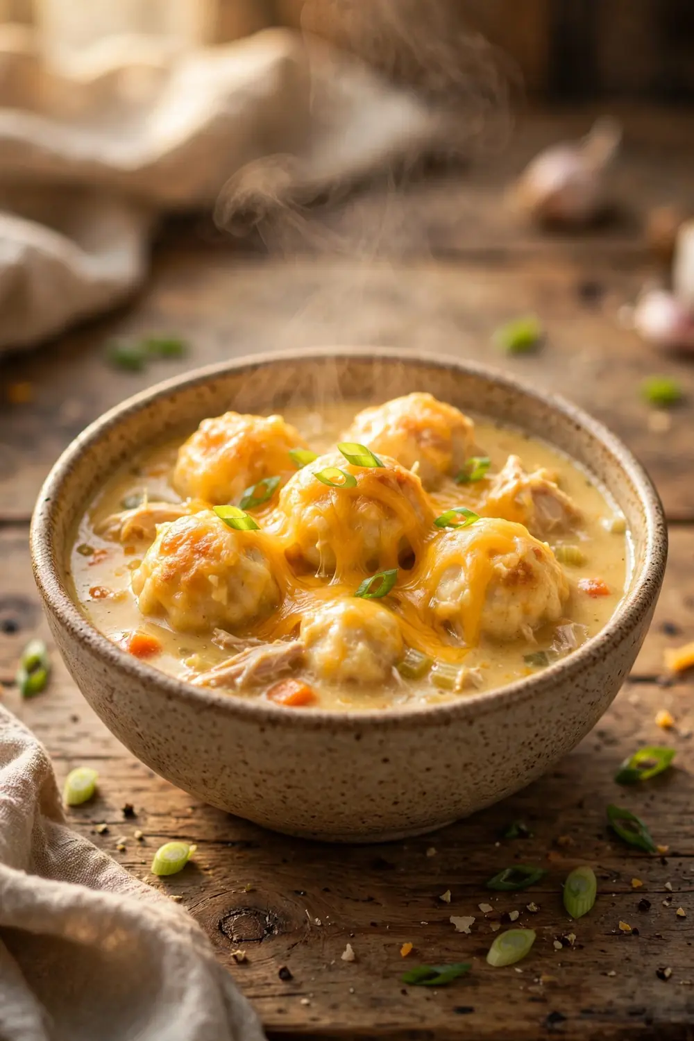 Portrait food photo of a bowl of cheddar chicken dumpling stew, golden cheese dumplings centered with balanced space around the bowl, melted cheddar, scallions, creamy broth, warm light, rustic wooden table, gentle steam, cozy homemade comfort food photography, warm inviting tones