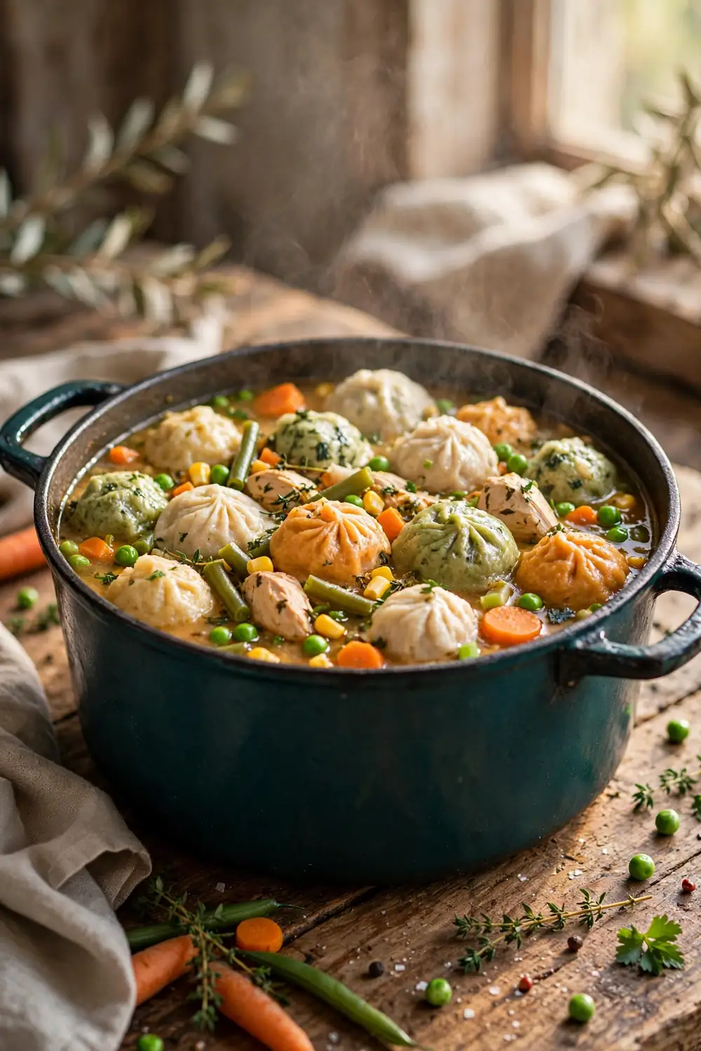 Portrait photo of a large pot of vegetable loaded chicken dumpling stew, colorful dumplings and vegetables centered with balanced space around the pot, peas, corn, green beans, carrots, warm daylight, rustic table, gentle steam, fresh homemade comfort food photography, warm tones