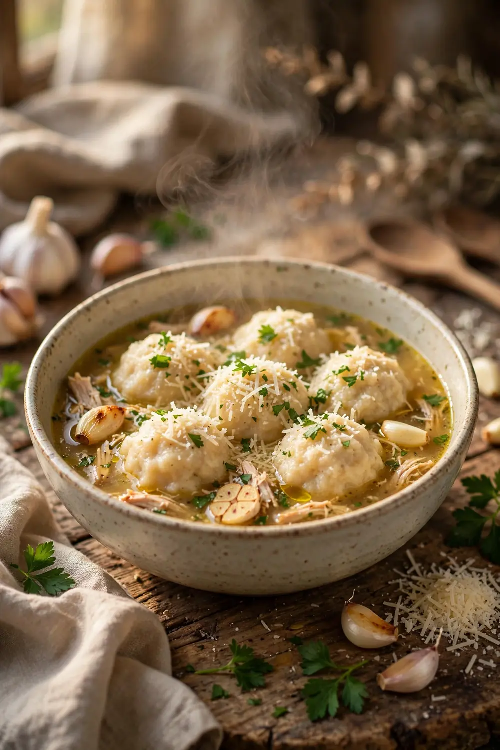 Portrait food photo of a bowl of garlic parmesan chicken dumpling stew, soft dumplings centered with balanced space around the bowl, grated parmesan, garlic, parsley, golden broth, warm light, rustic table, gentle steam, cozy homemade comfort food photography, warm inviting tones