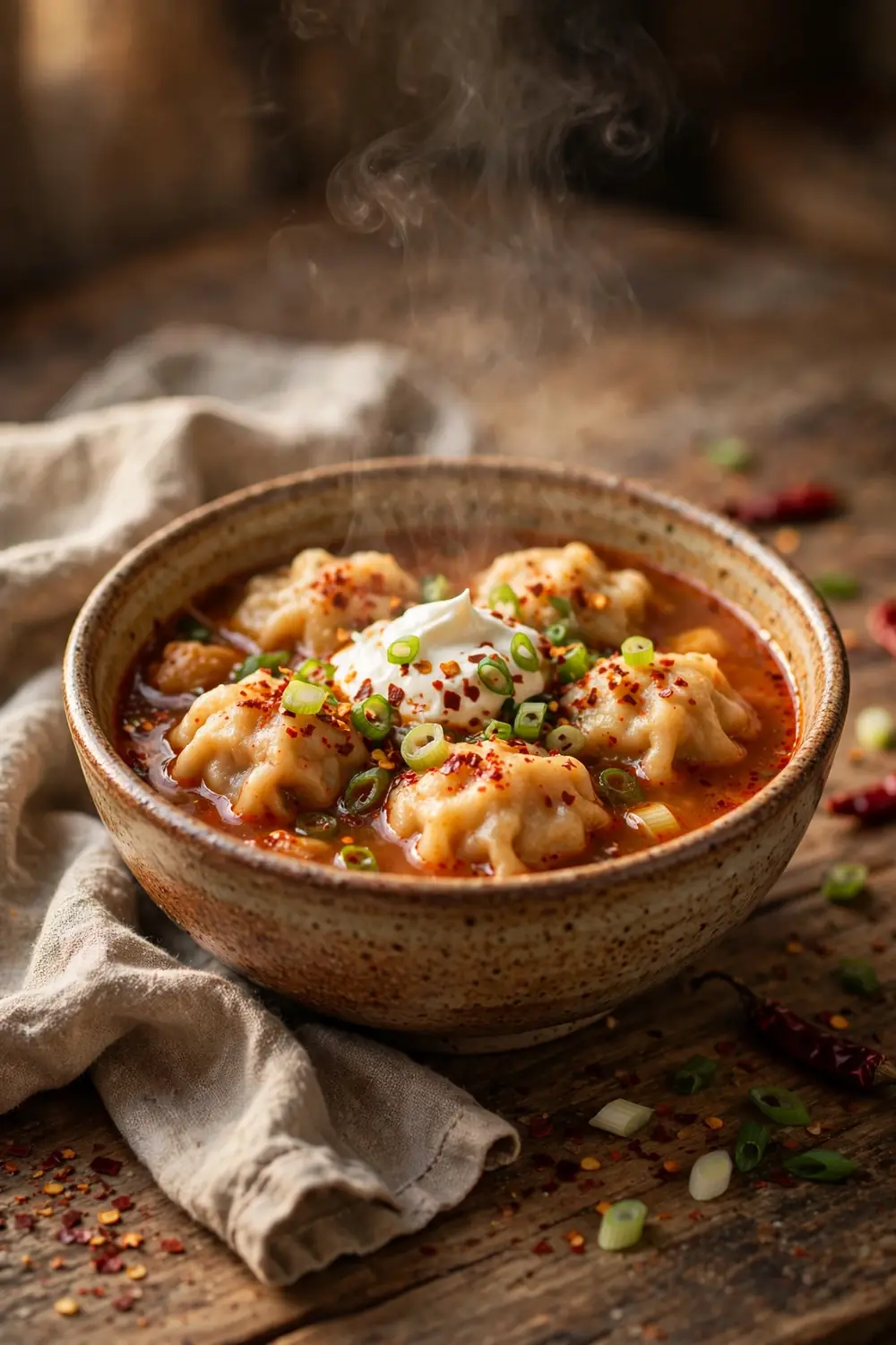 Portrait photo of a bowl of spicy chicken dumpling stew with chili flakes, puffy dumplings centered with balanced space around the bowl, rosy broth, sour cream dollop, scallions, warm light, rustic table, gentle steam, cozy homemade comfort food photography, warm tones
