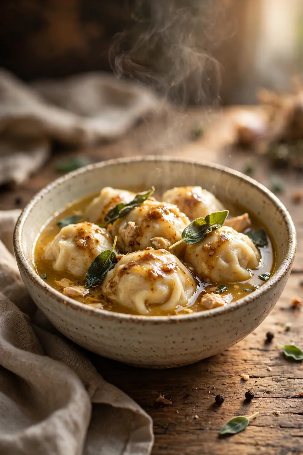 Portrait food photo of a bowl of sage butter chicken dumpling stew, soft dumplings centered with balanced space around the bowl, brown butter drizzle, crisp sage leaves, golden broth, warm light, rustic table, gentle steam, cozy homemade comfort food photography