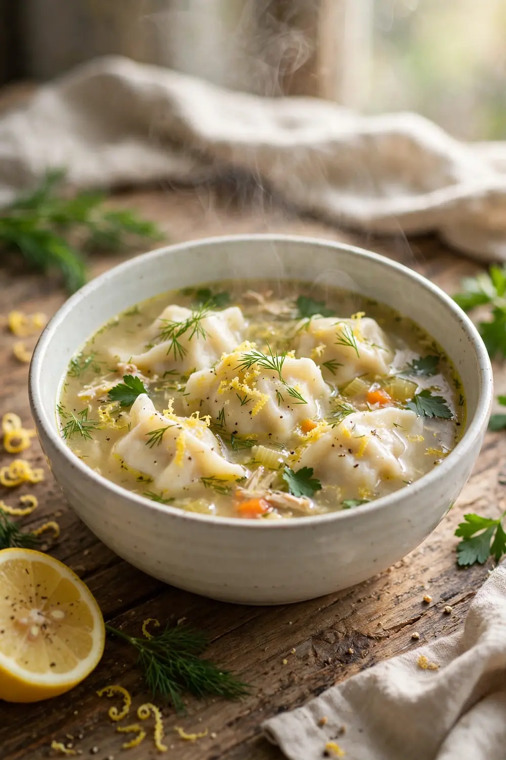 Portrait photo of a bright bowl of lemon herb chicken dumpling stew, soft dumplings centered with balanced space around the bowl, lemon zest, dill, parsley, light golden broth, fresh daylight, rustic table, gentle steam, fresh homemade comfort food photography, warm tones