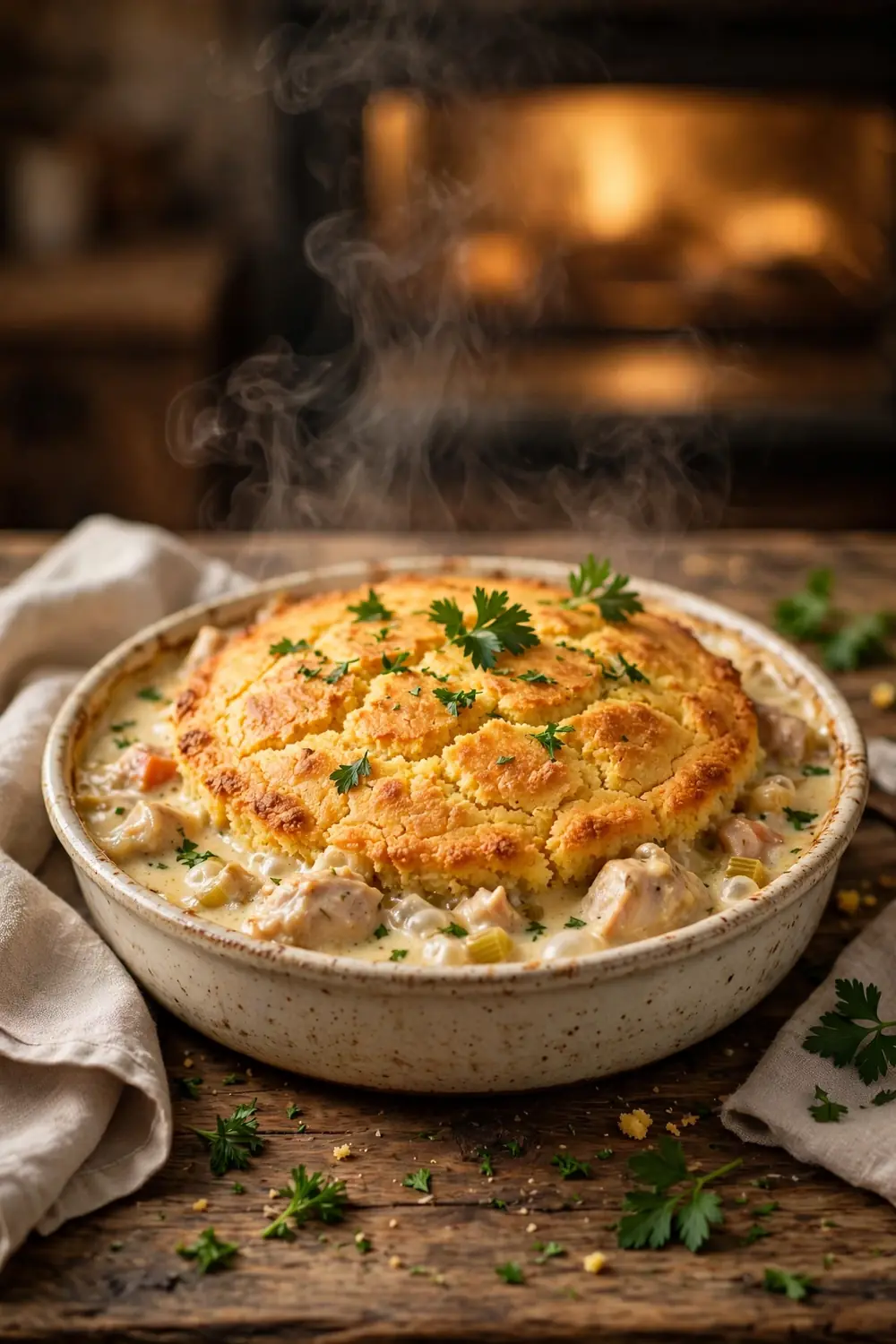 Portrait photo of a baking dish of chicken dumpling stew with golden cornbread topping centered, balanced space around the dish, crisp cornbread crust, creamy filling, parsley, warm oven light, rustic table, gentle steam, cozy homemade comfort food photography, warm inviting tones