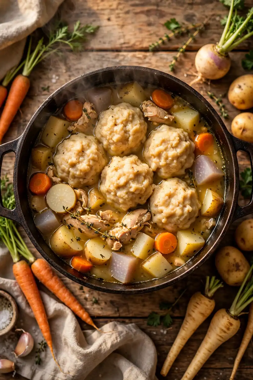 Portrait overhead photo of a pot of root vegetable chicken dumpling stew, dumplings centered with balanced space around the pot, carrots, parsnips, potatoes, turnips, golden broth, warm light, rustic table, gentle steam, hearty homemade comfort food photography, warm inviting cozy tones