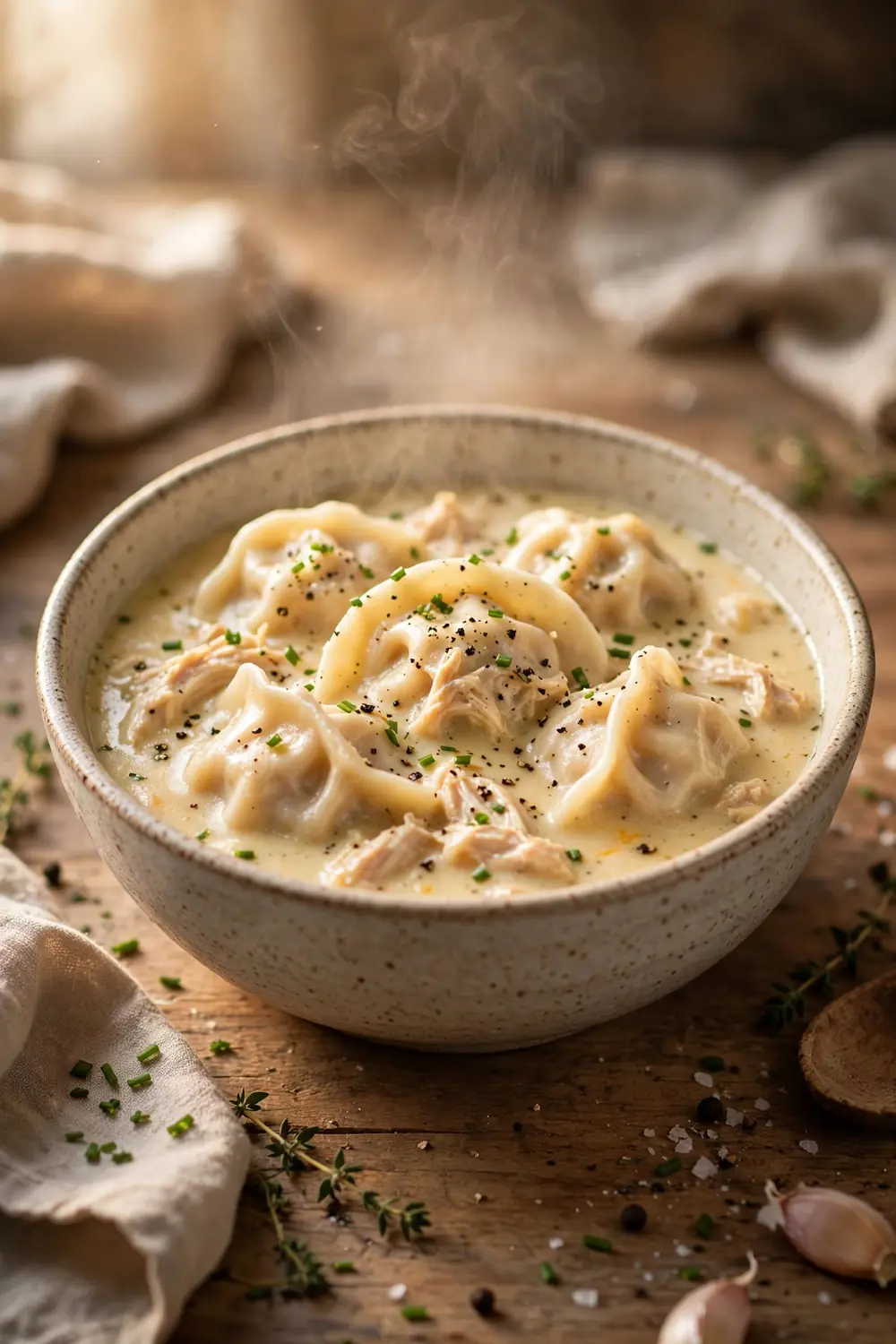 Portrait food photo of a bowl of creamy cheese chicken dumpling stew, silky dumplings centered with balanced space around the bowl, tangy cream broth, chives, cracked pepper, warm light, rustic table, gentle steam, cozy homemade comfort food photography, warm inviting tones