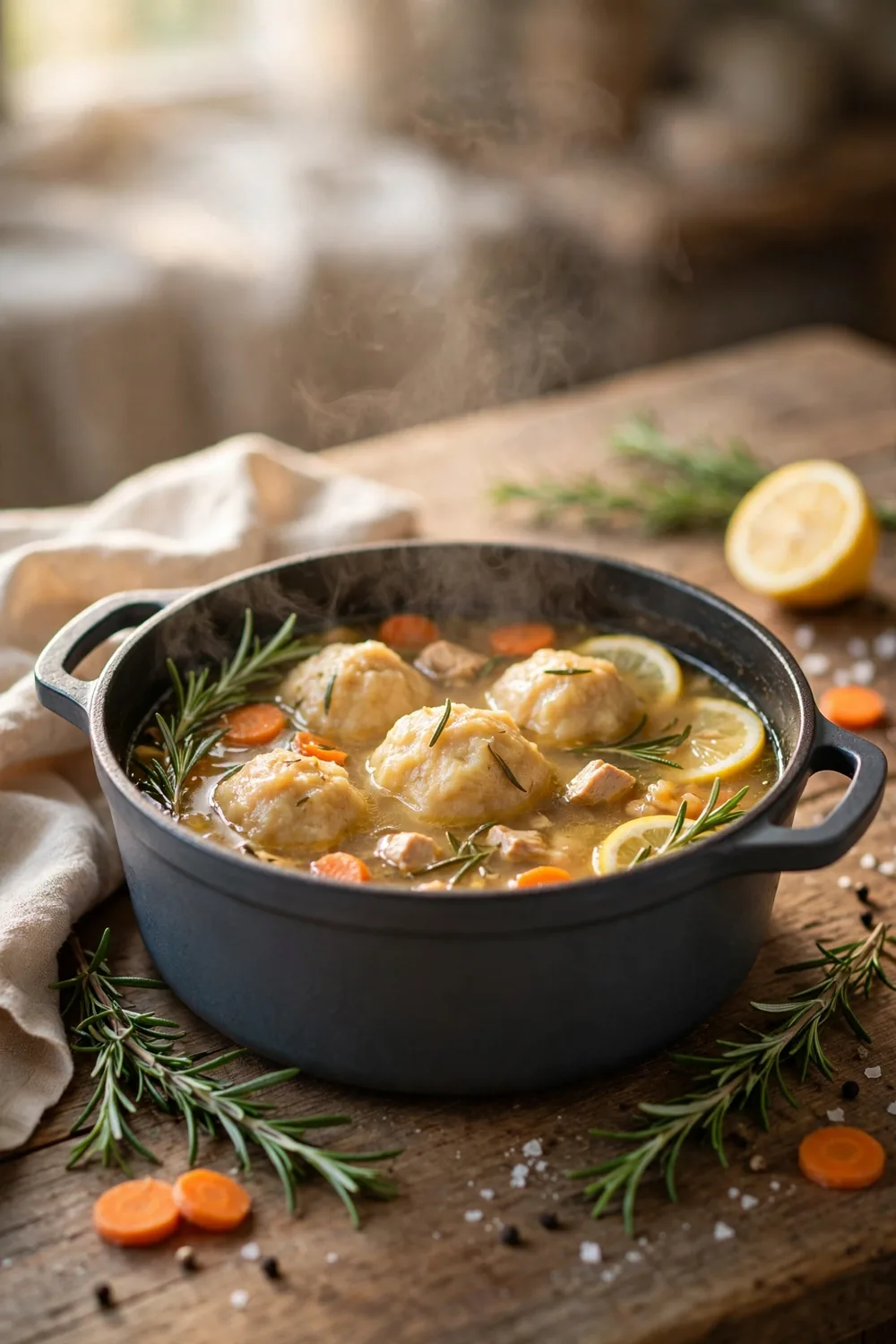 Portrait photo of a pot of rosemary chicken dumpling stew, soft dumplings centered with balanced space around the pot, fresh rosemary sprigs, golden broth, carrots, lemon, warm daylight, rustic table, gentle steam, cozy homemade comfort food photography, warm inviting cozy tones