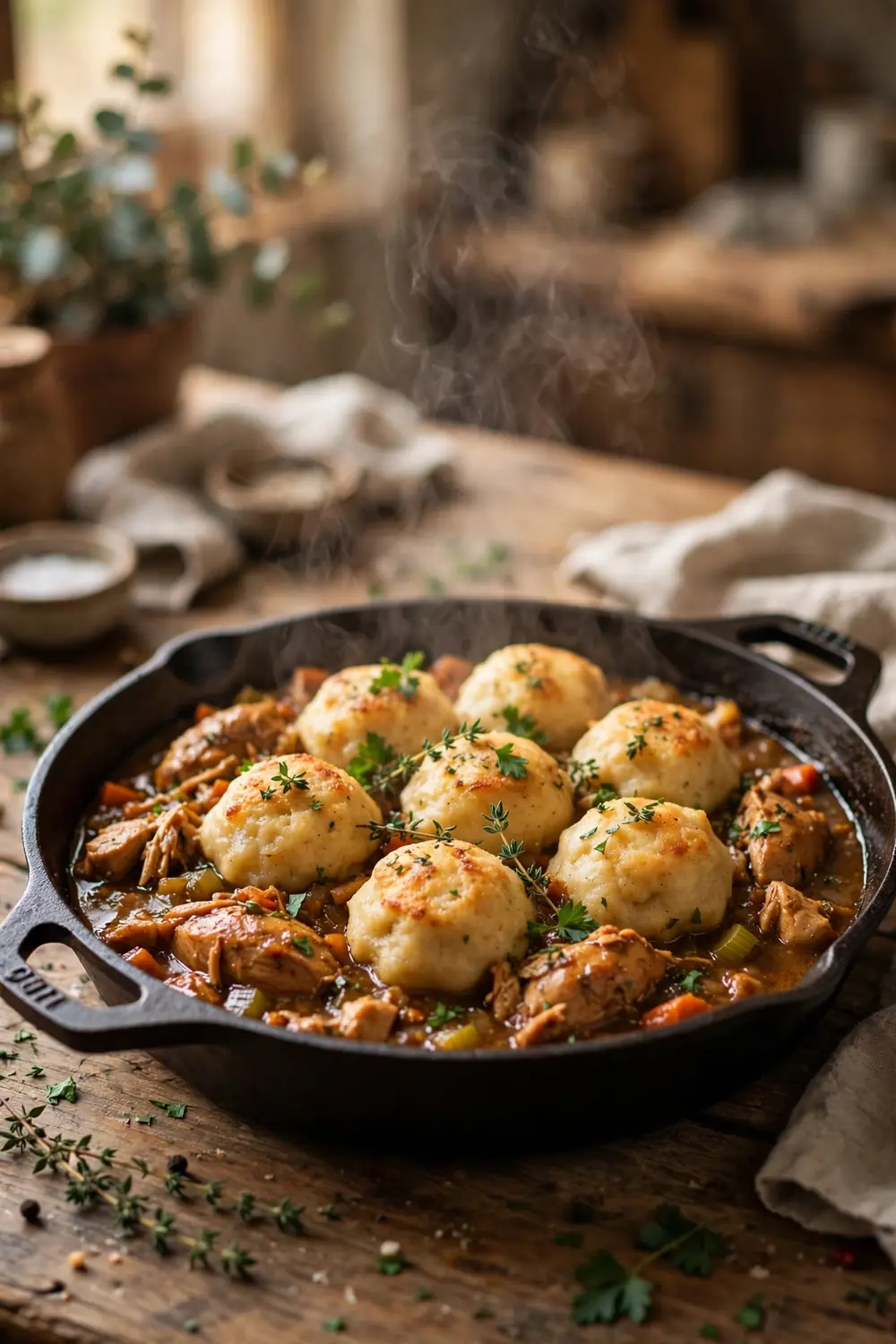 Portrait photo of a cast iron skillet of chicken dumpling stew, golden dumplings centered with balanced space around the skillet, browned chicken, rich sauce, fresh herbs, warm kitchen light, wooden table, gentle steam, cozy homemade comfort food photography, warm inviting tones