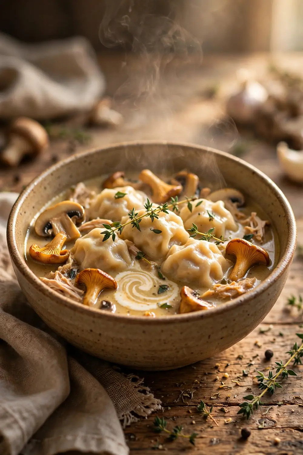 Portrait food photo of a bowl of mushroom chicken dumpling stew, soft dumplings centered with balanced space around the bowl, golden mushrooms, thyme, cream swirl, warm light, rustic table, gentle steam, cozy homemade comfort food photography, warm inviting cozy tones today