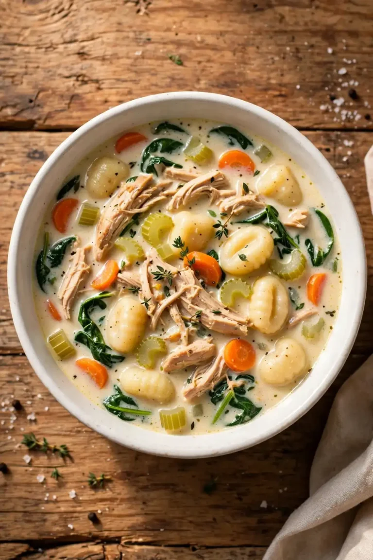 Creamy bowl of chicken and gnocchi with carrots and spinach in a white bowl