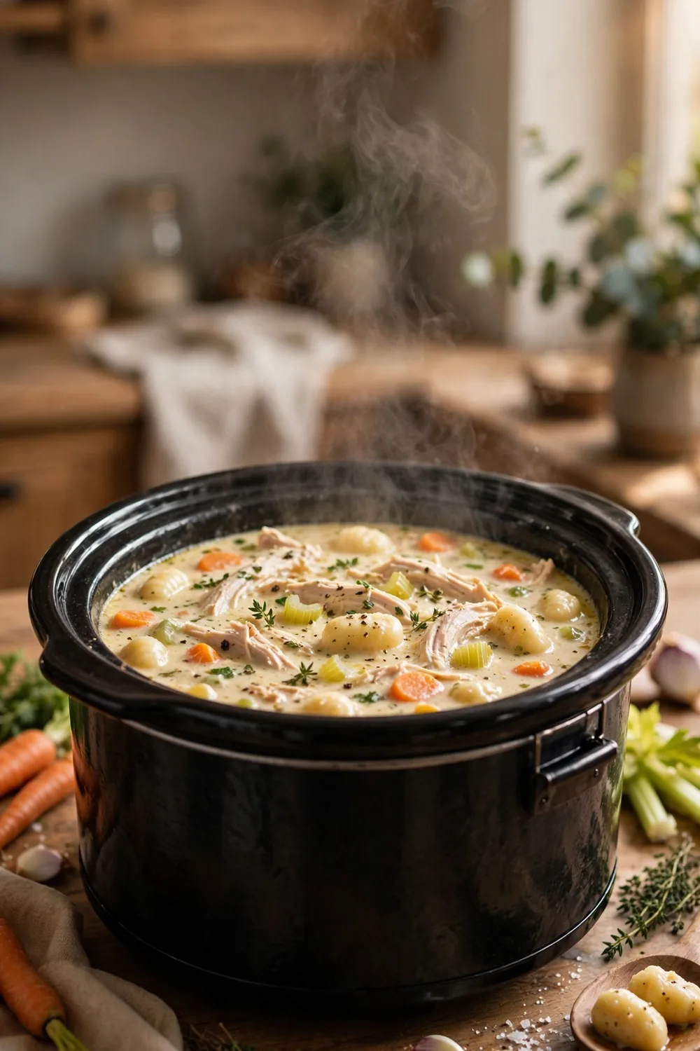 Slow cooker pot of chicken and gnocchi soup with carrots celery and cream