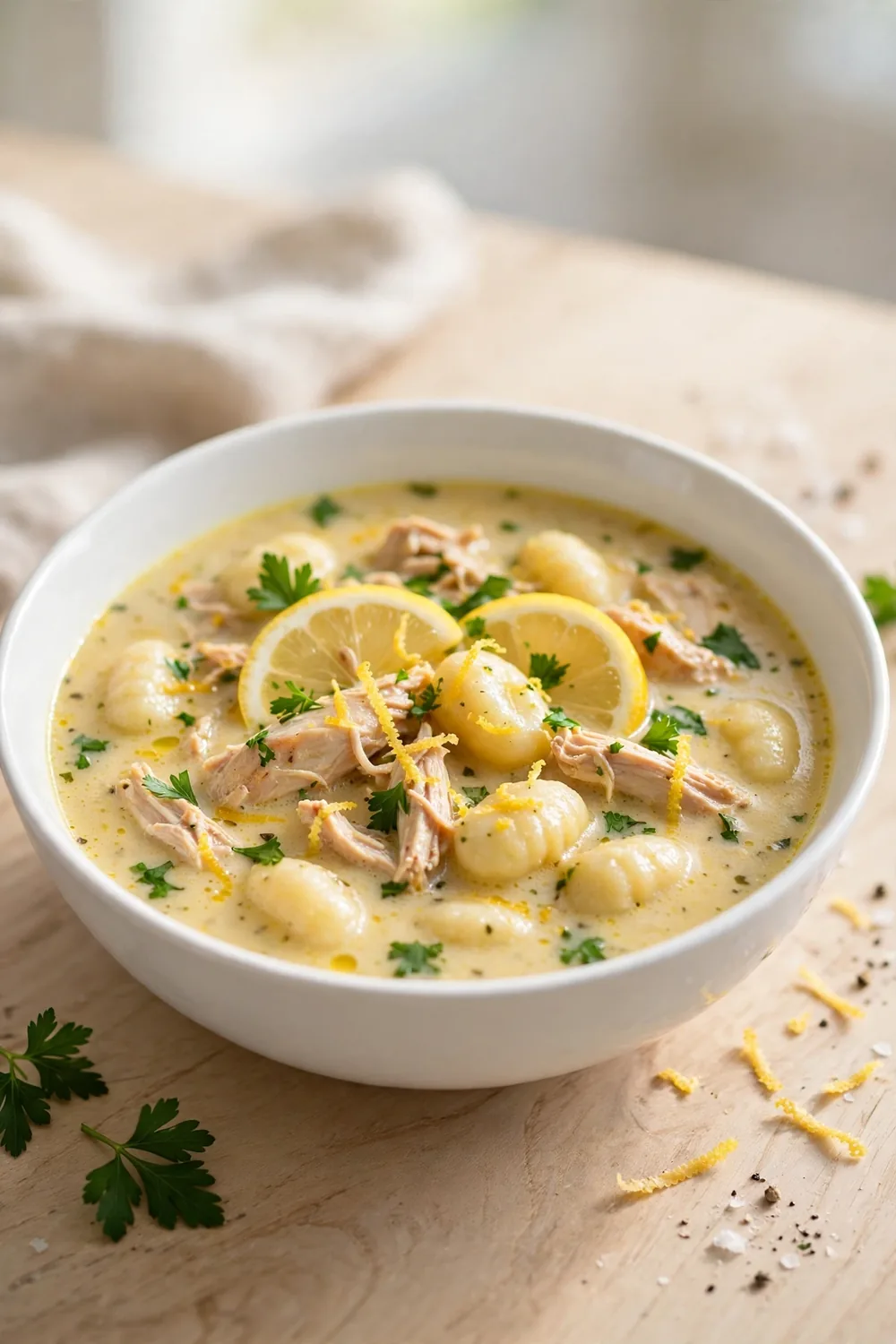 Bright bowl of chicken and gnocchi soup with lemon slices and fresh parsley