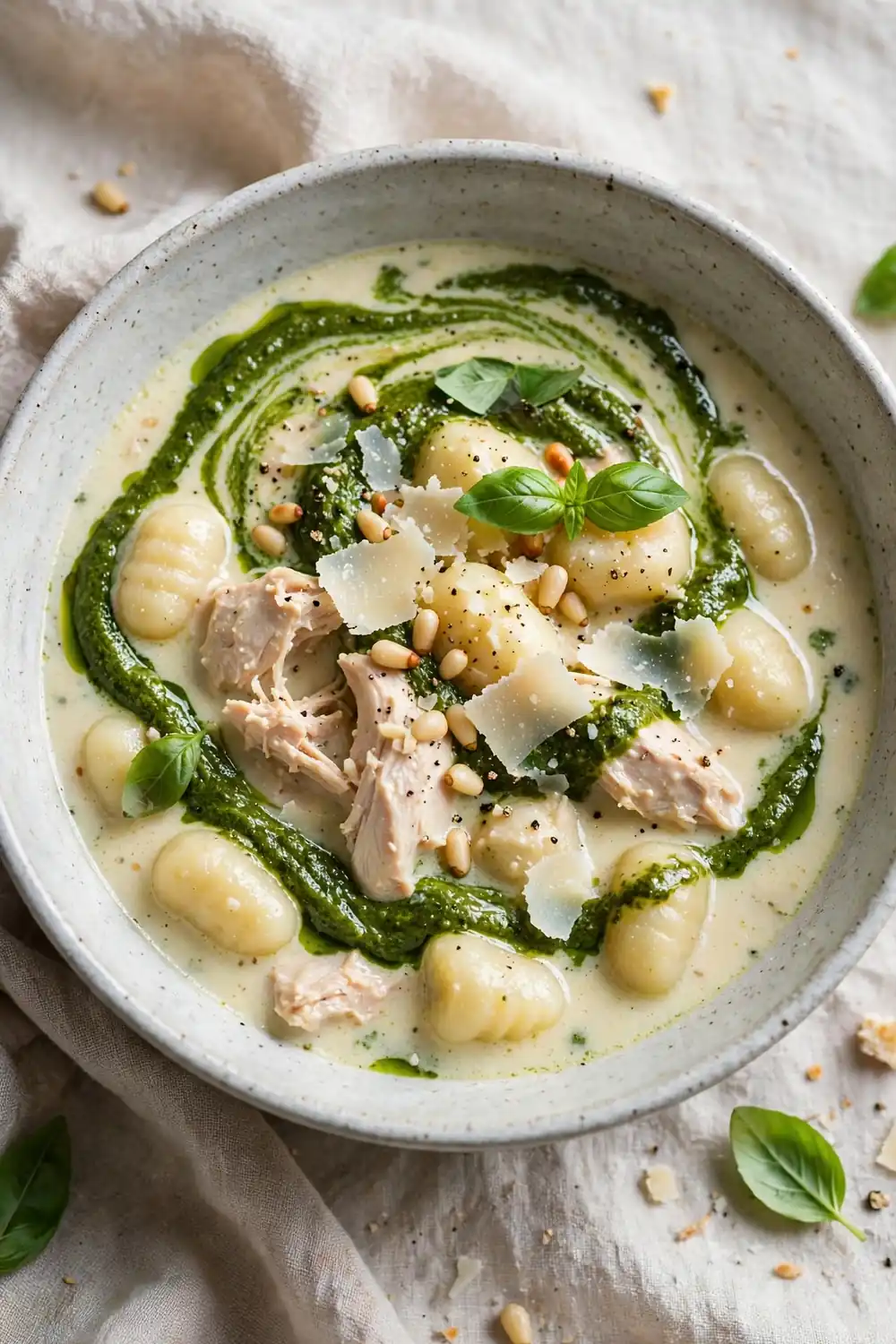 Creamy chicken and gnocchi bowl swirled with green basil pesto and parmesan