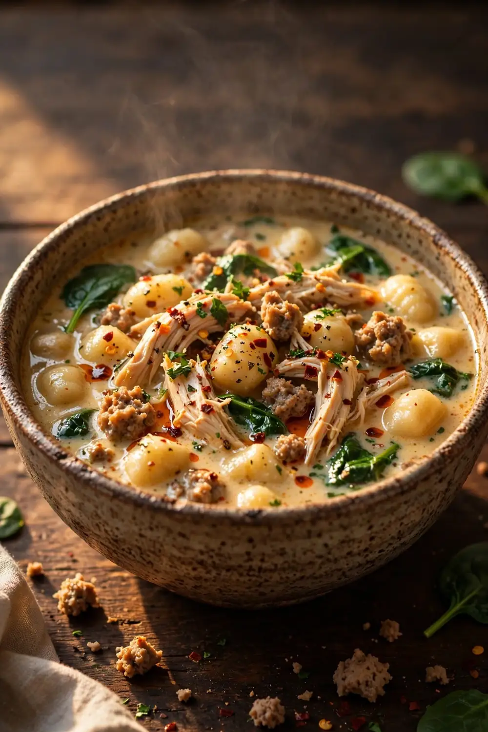 Spicy bowl of chicken and gnocchi soup with sausage chili flakes and spinach
