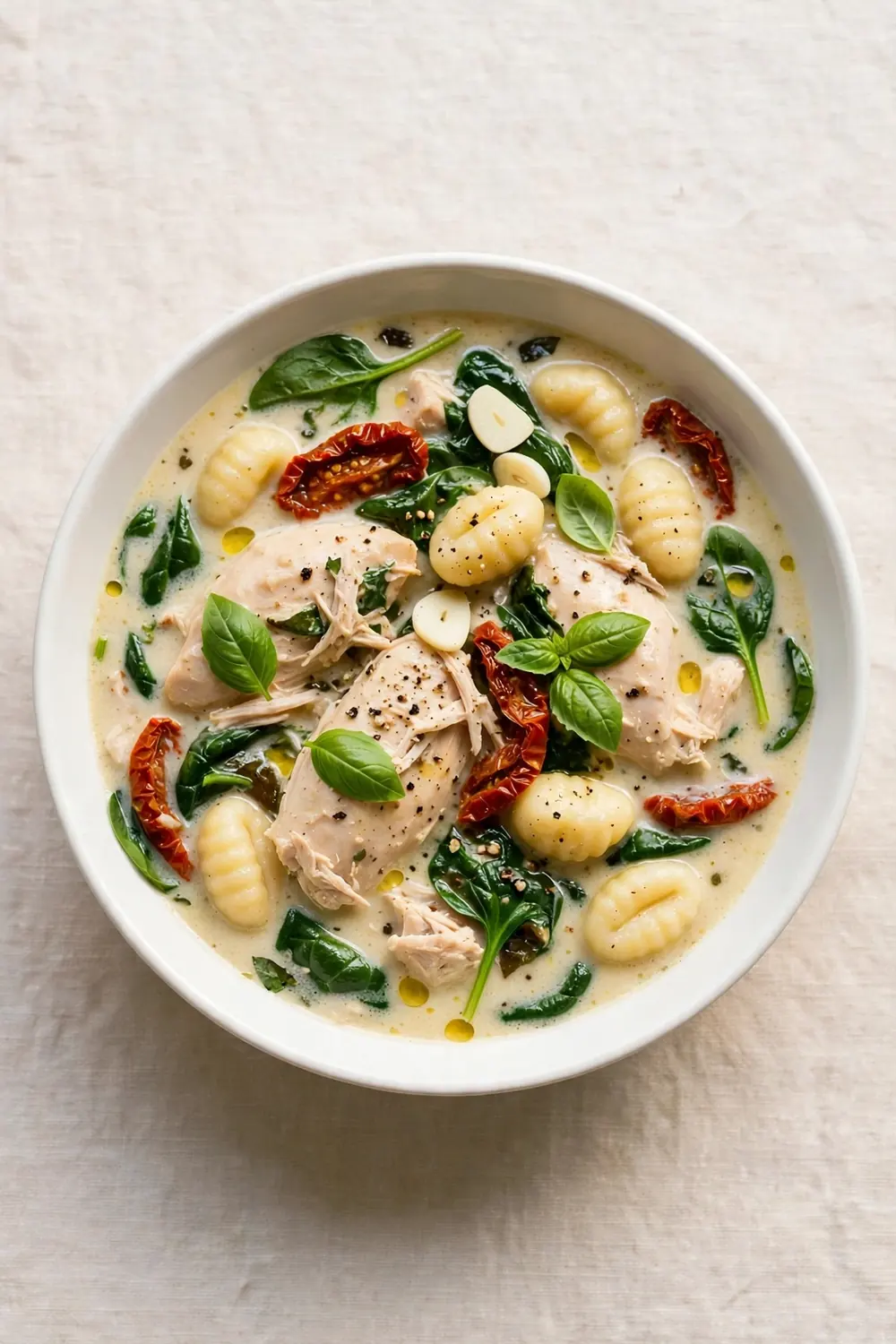 Tuscan bowl of chicken and gnocchi soup with spinach and sun dried tomatoes