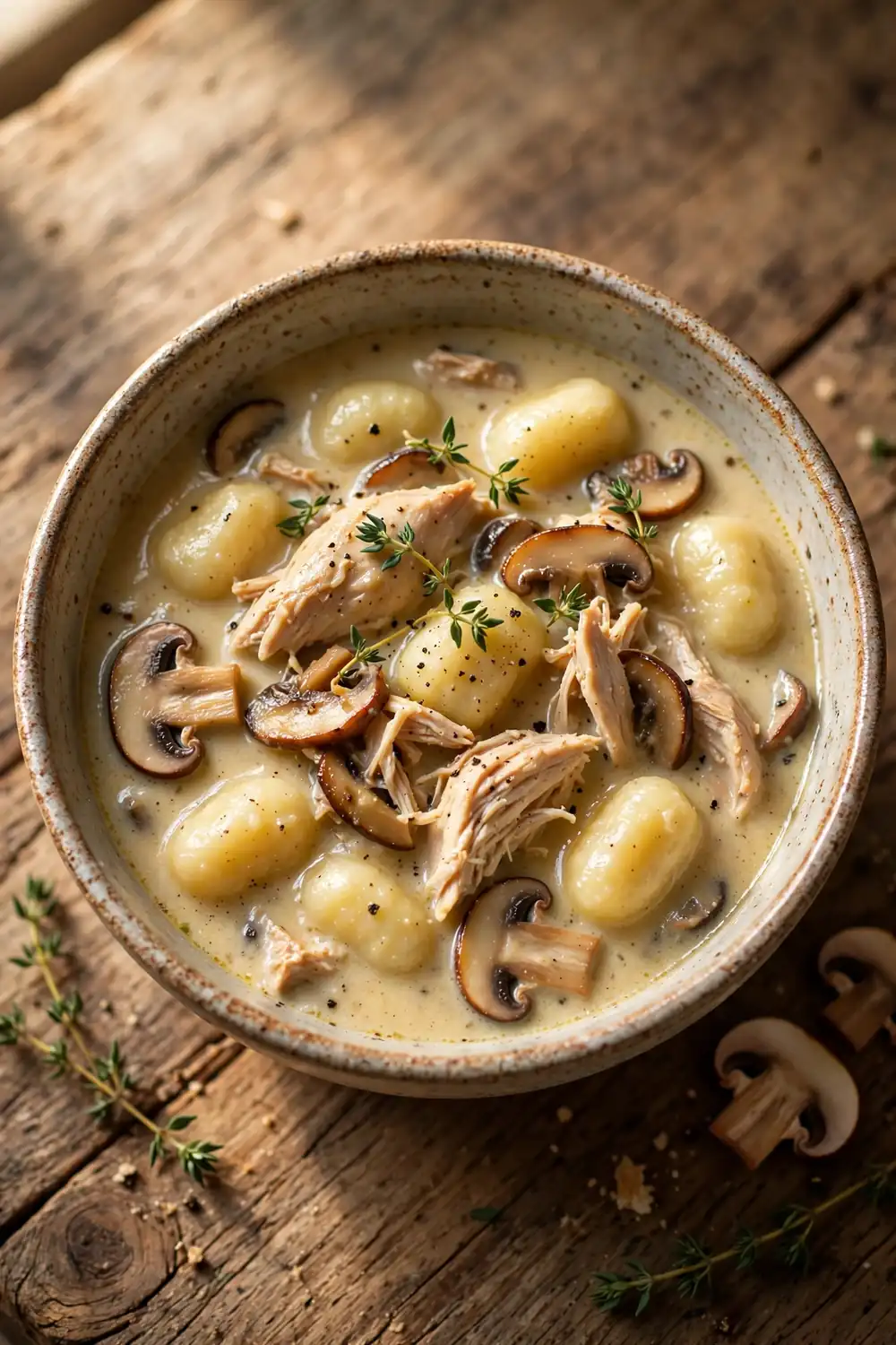 Creamy chicken and gnocchi soup with sliced mushrooms and thyme in a bowl