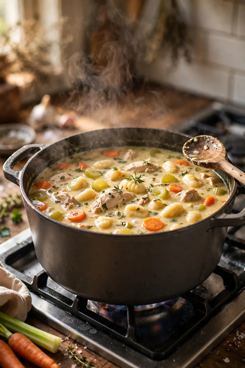 One pot chicken and gnocchi soup simmering with vegetables and cream