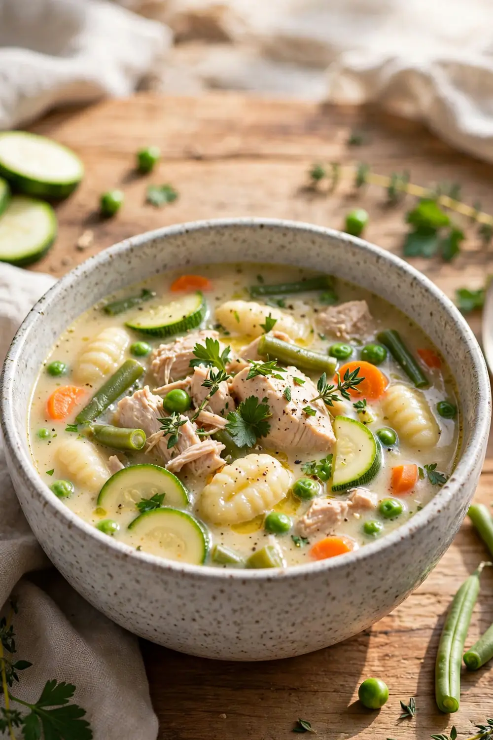 Rustic bowl of chicken and gnocchi soup with zucchini green beans peas and herbs