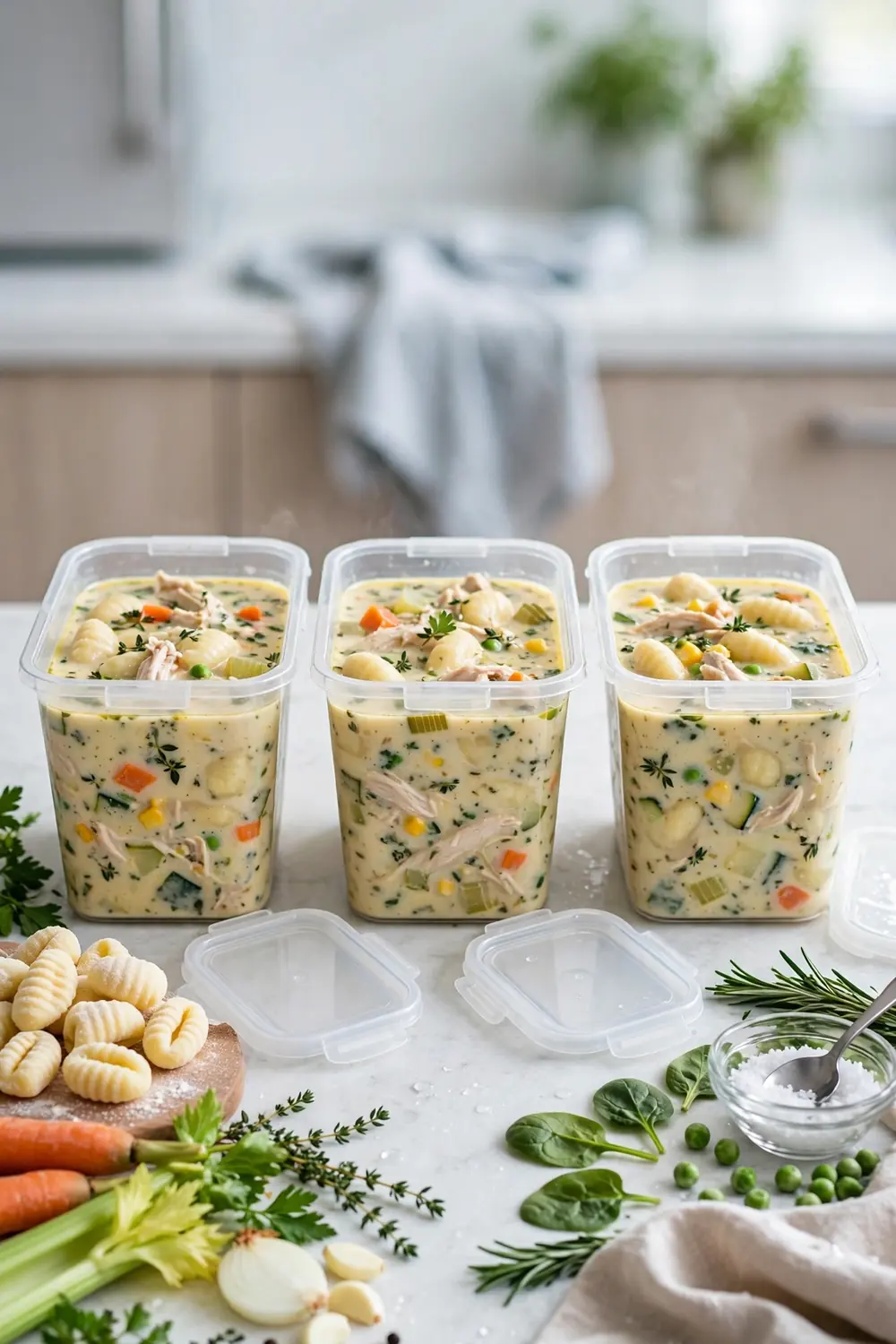 Freezer containers of chicken and gnocchi soup base with labels beside