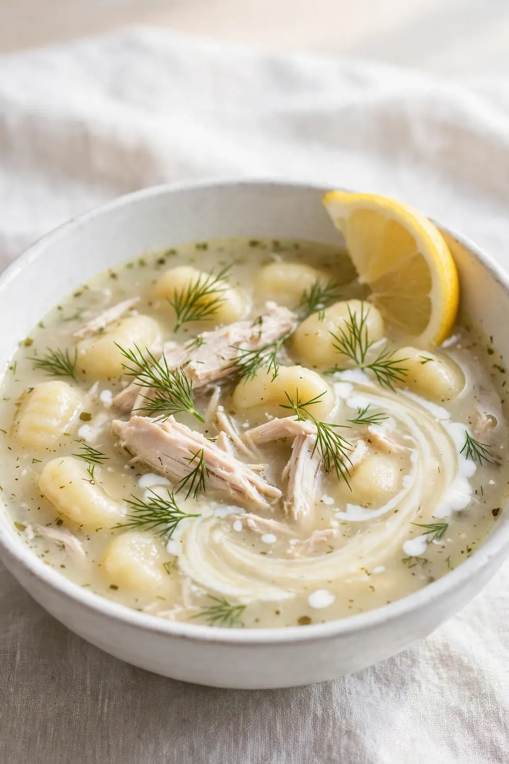 Light bowl of chicken and gnocchi soup with yogurt swirl dill and lemon