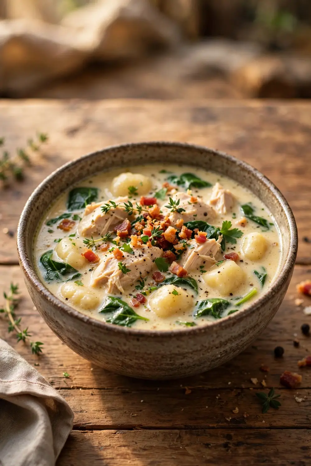 Creamy chicken and gnocchi soup topped with crisp crumbled bacon and herbs