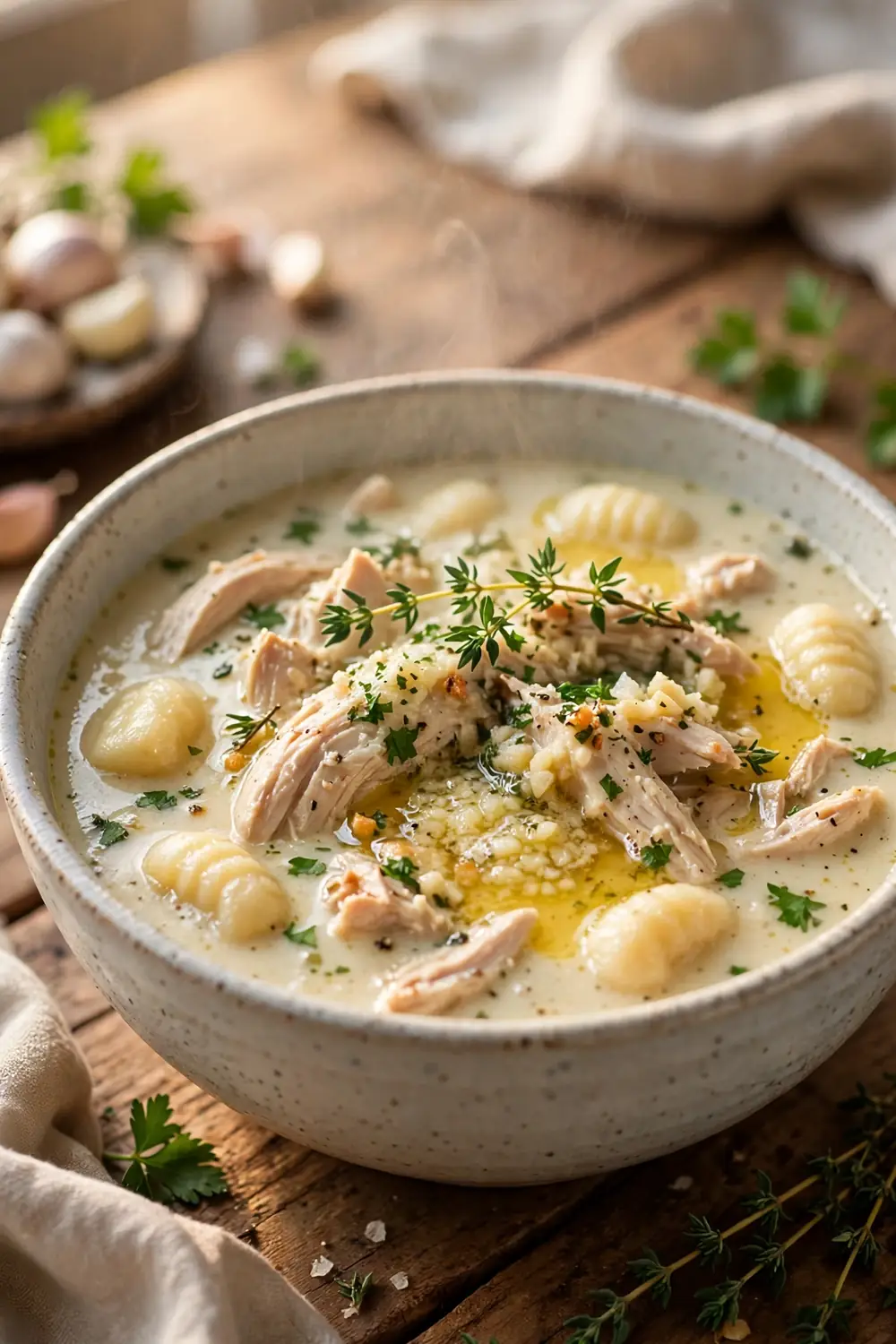 Chicken and gnocchi soup bowl finished with melted garlic herb butter and parsley