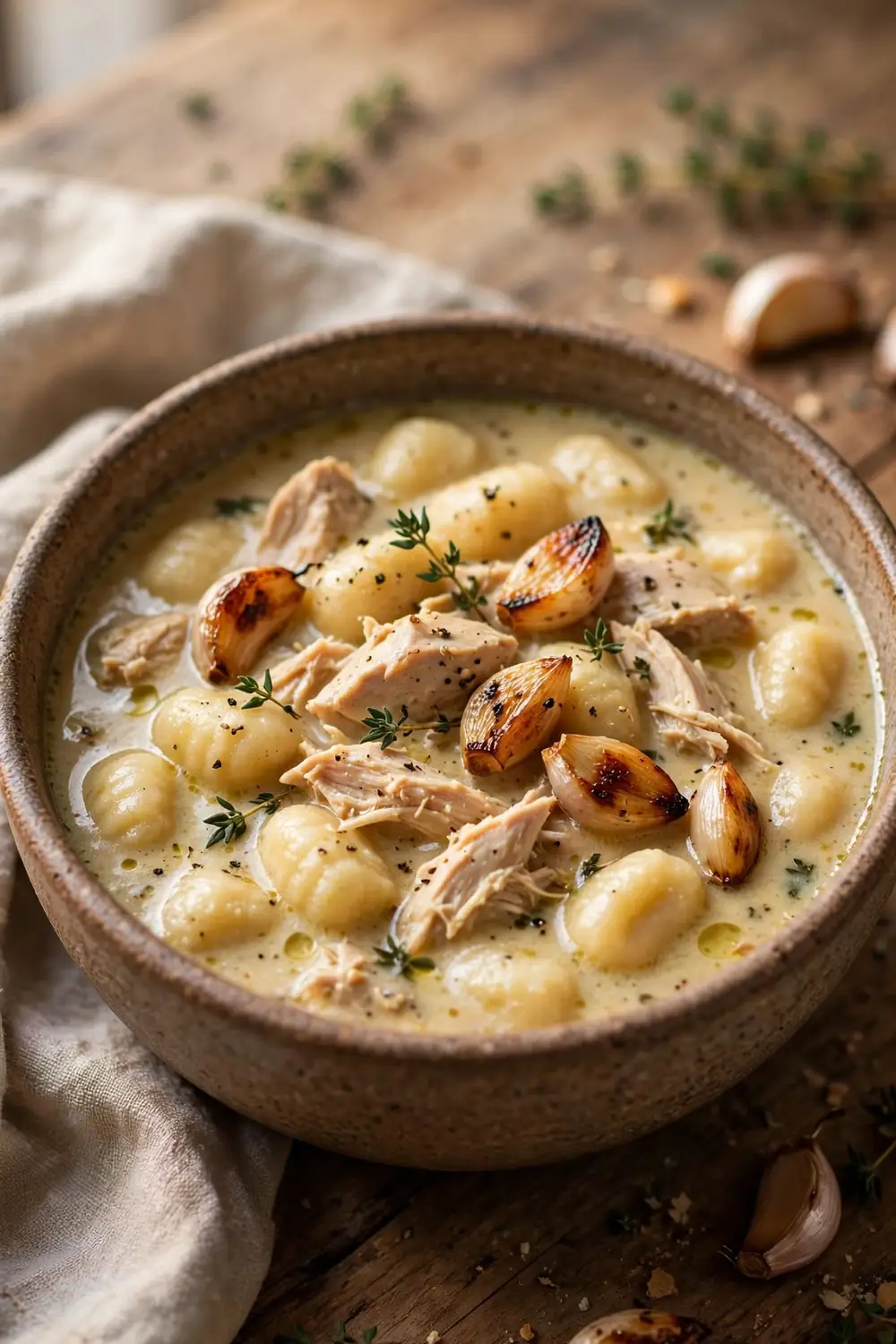 Chicken and gnocchi soup with roasted garlic cloves and thyme in a rustic bowl