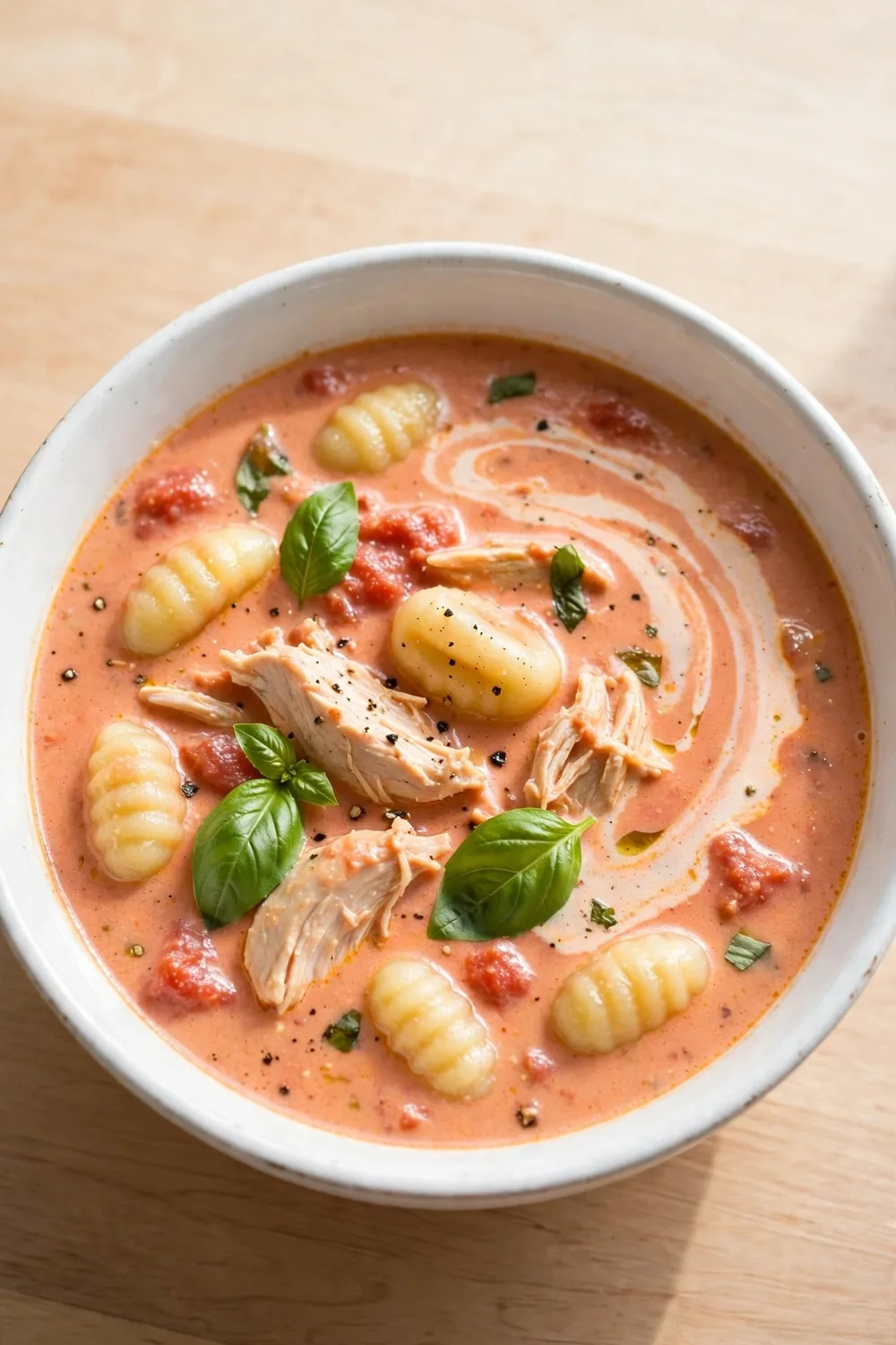 Rosy tomato cream chicken and gnocchi soup with basil leaves in a bowl