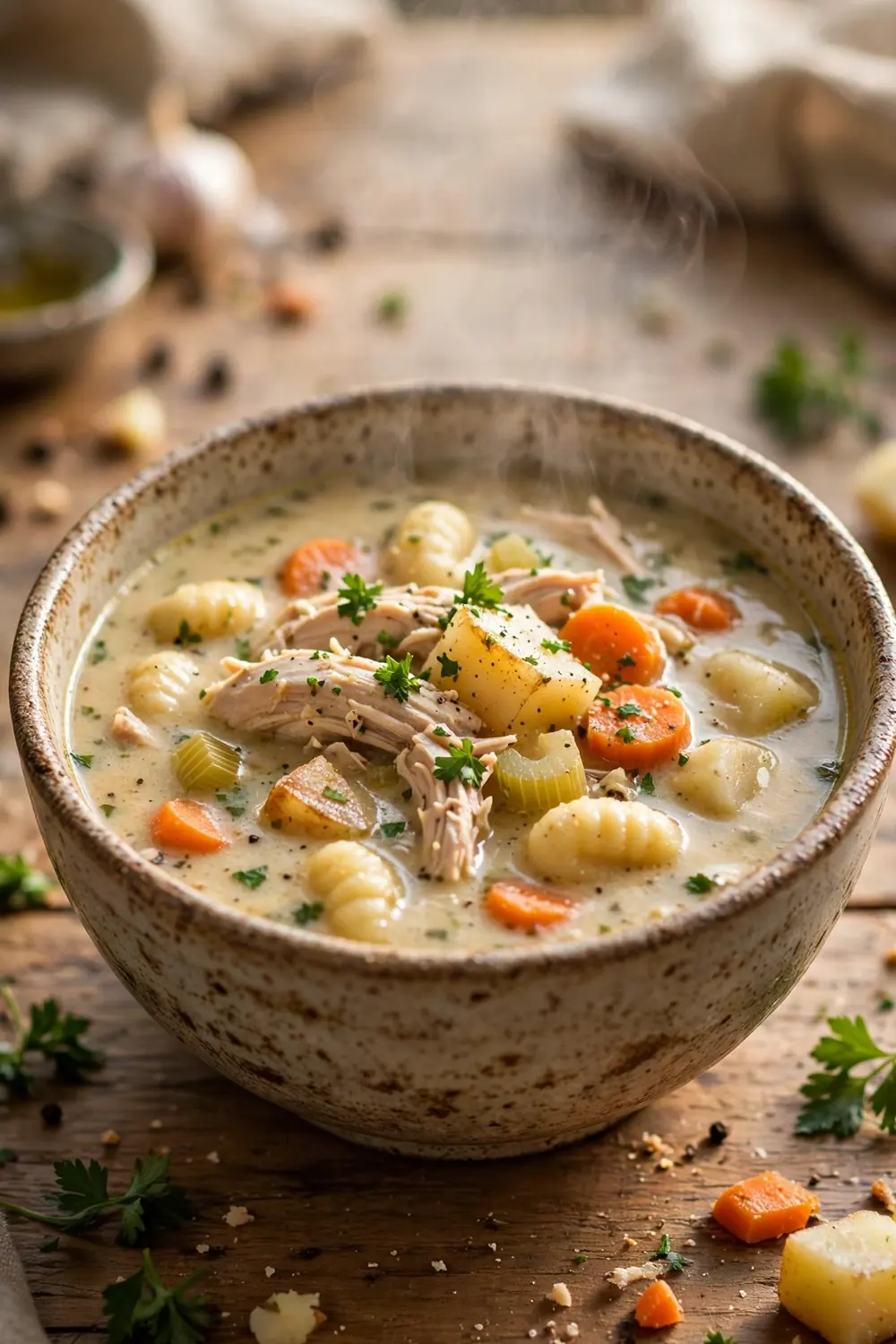 Hearty chicken and gnocchi soup with potato chunks carrots and parsley