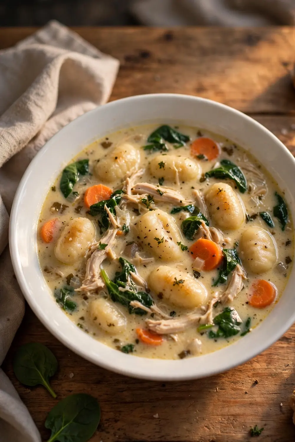 Quick weeknight bowl of chicken and gnocchi soup with shredded chicken and spinach