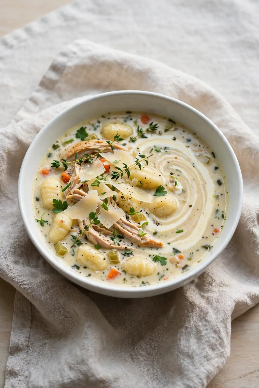 Elegant bowl of chicken and gnocchi soup with cream swirl herbs and parmesan